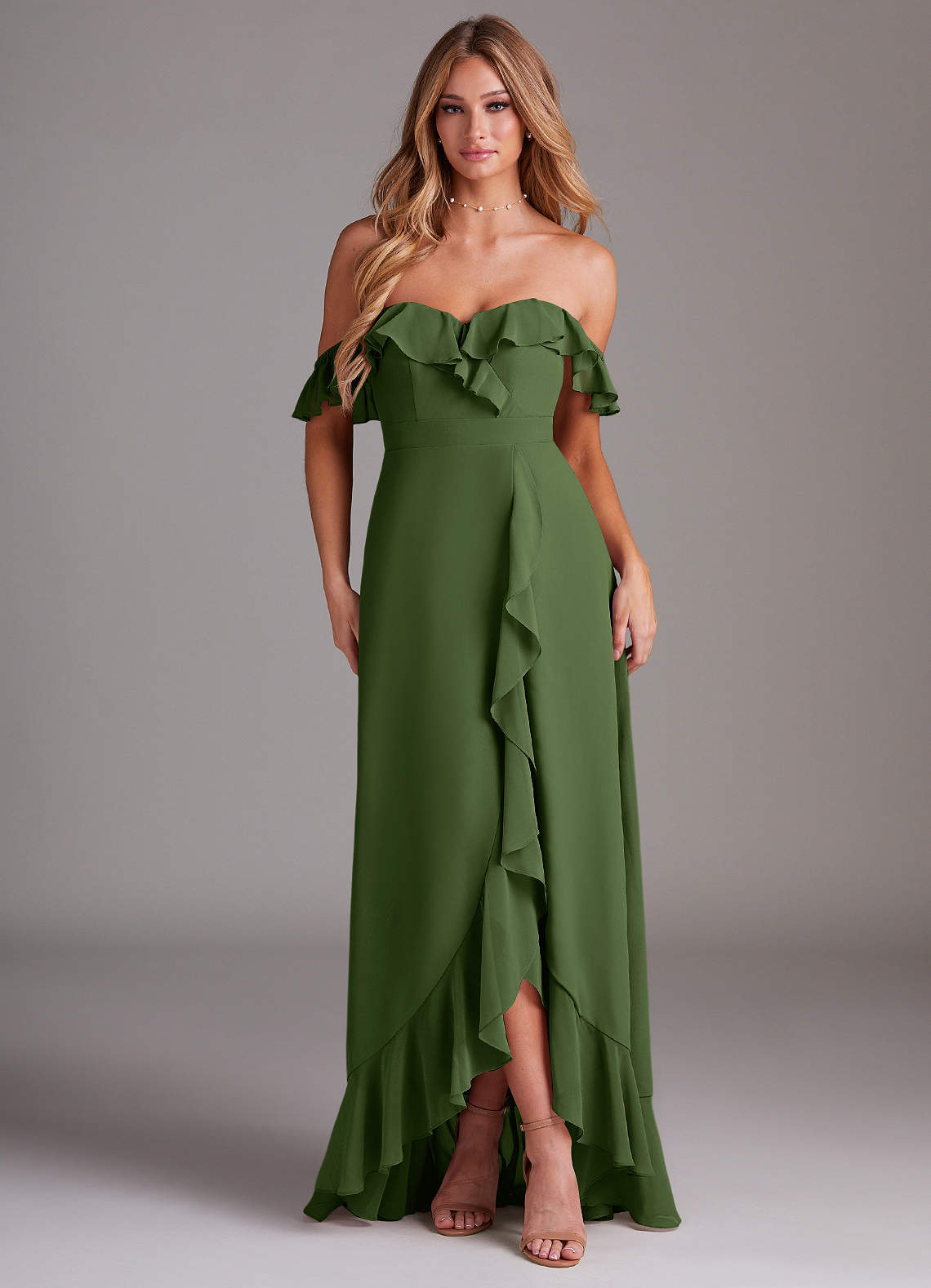 Azazie Lyra Bridesmaid Dresses Olive A-Line Chiffon Convertible Dress image1