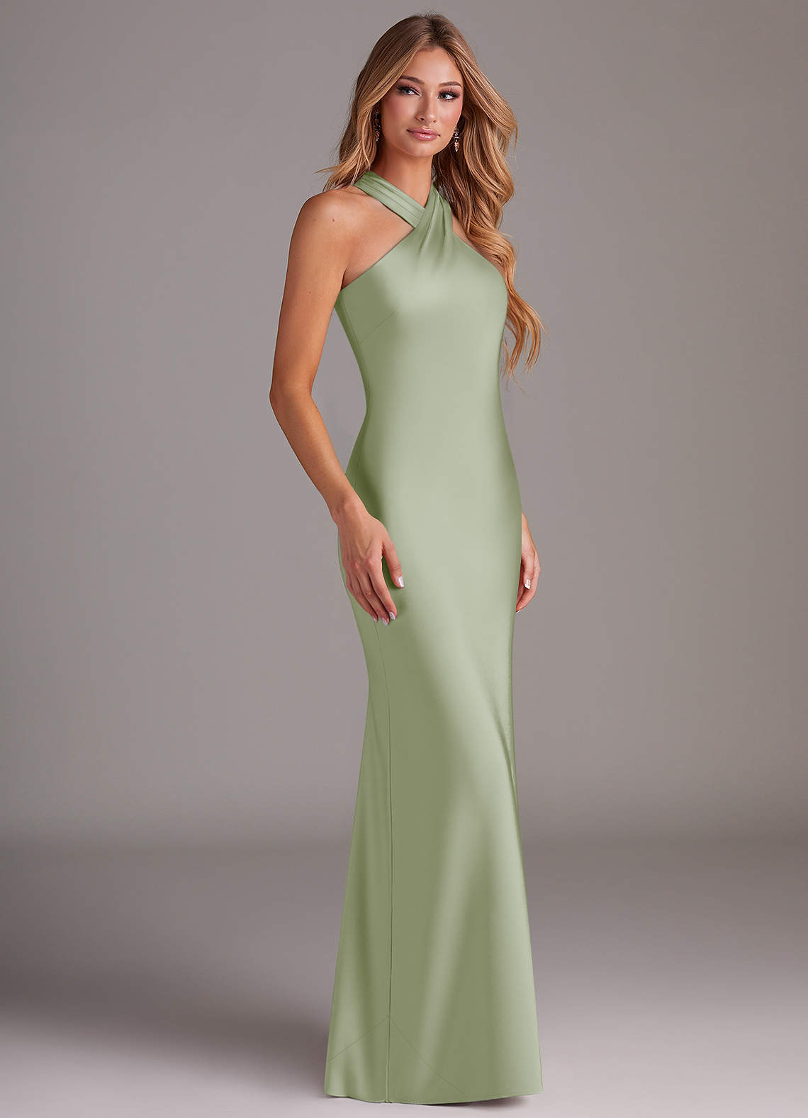 Azazie Doretta Bridesmaid Dresses Dusty Sage Mermaid Pleated Stretch Satin Dress image2