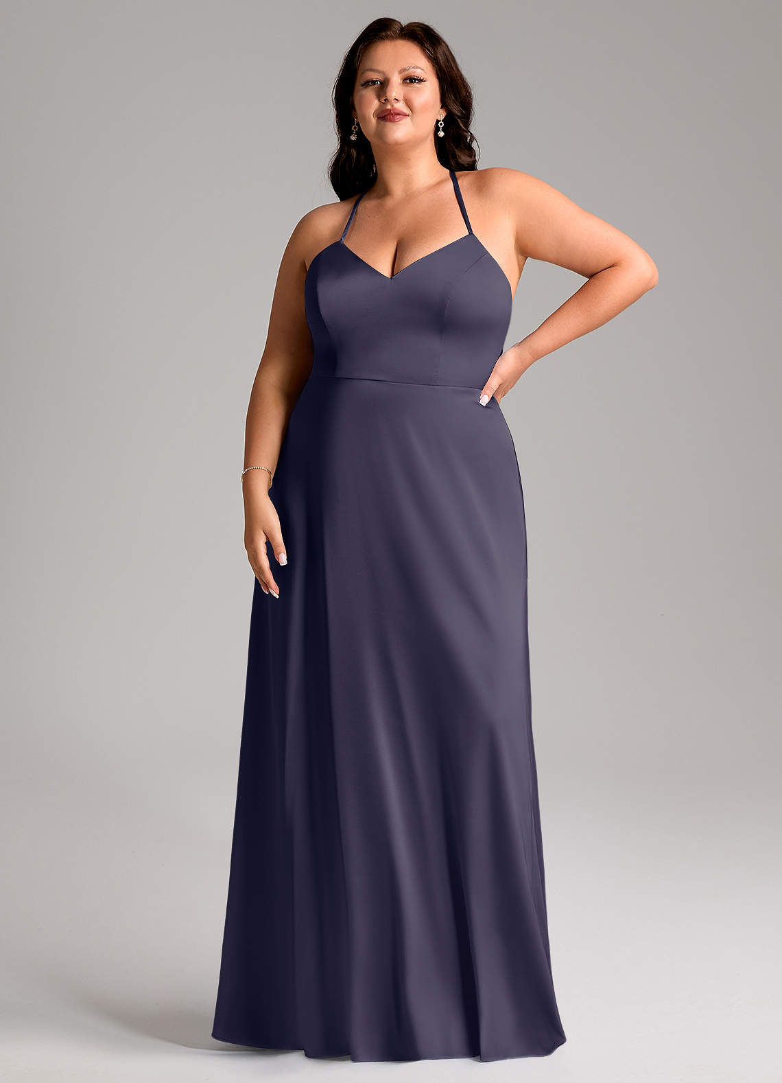 Azazie Mei Abiti da Damigella Abito A-Line in Raso Elasticizzato con Scollo a V Stormy image1