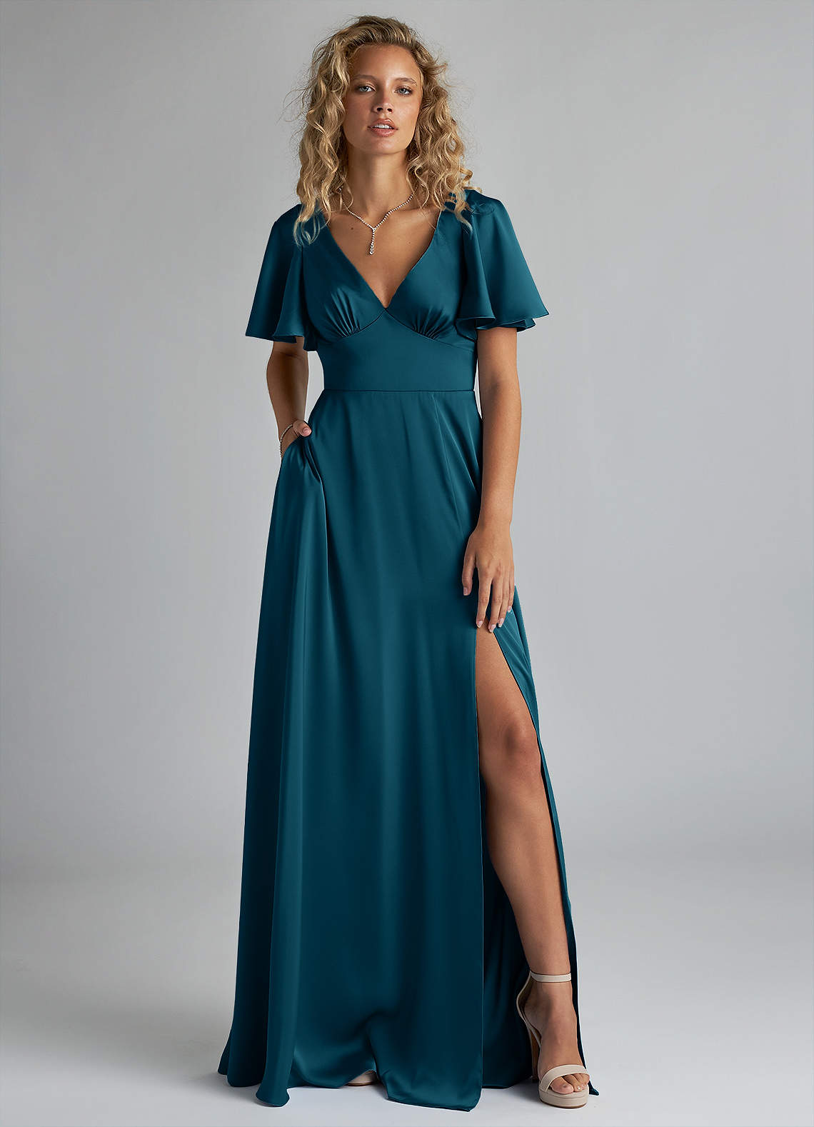 Azazie Kimber Brautjungfernkleider A-Linie Gestreift Stretch-Satin Kleid Tintenblau image1
