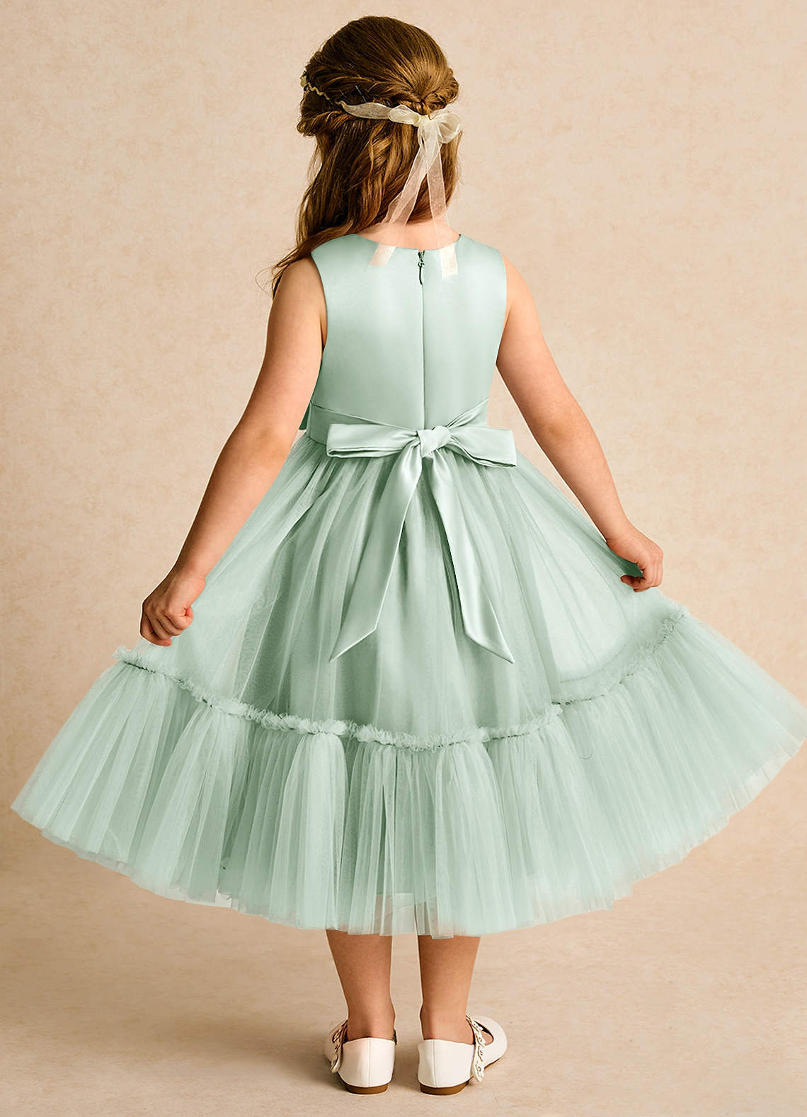 Azazie Miracle Flower Girl Dresses Agave A-Line Bow Matte Satin Dress image1