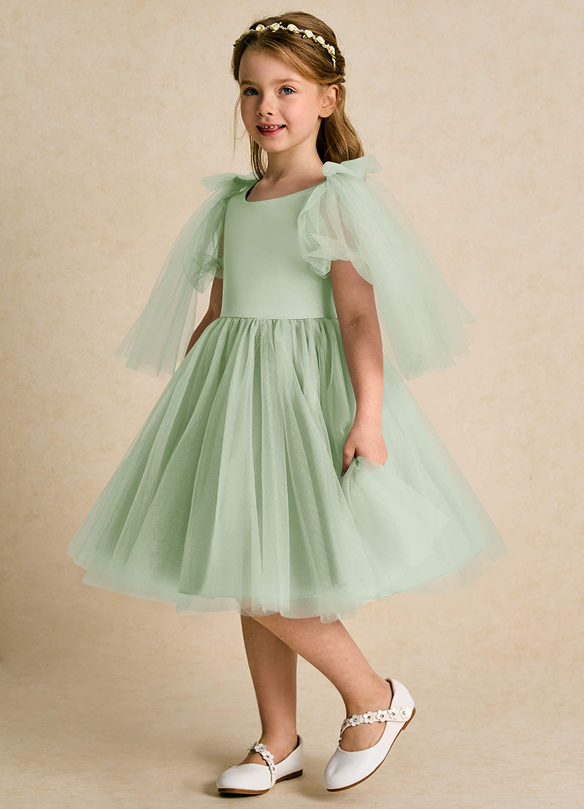 Azazie Duchess vestidos de niña de las flores Vestido de Salvia Polvorienta de Tul de Corte En A con Con mangas image1