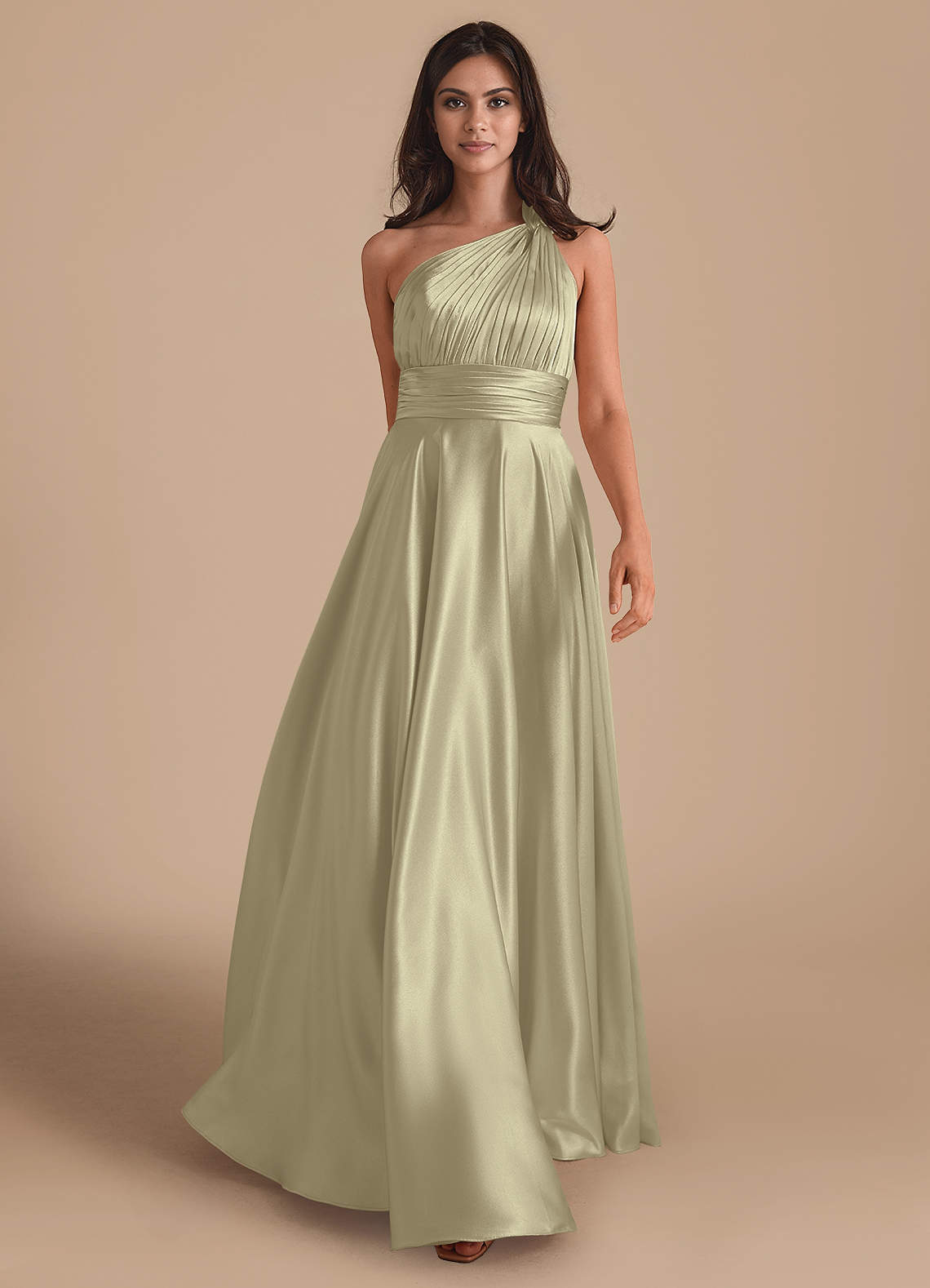 Azazie Charlize Bridesmaid Dresses Moss Green A-Line One Shoulder Metallic Satin Dress image1