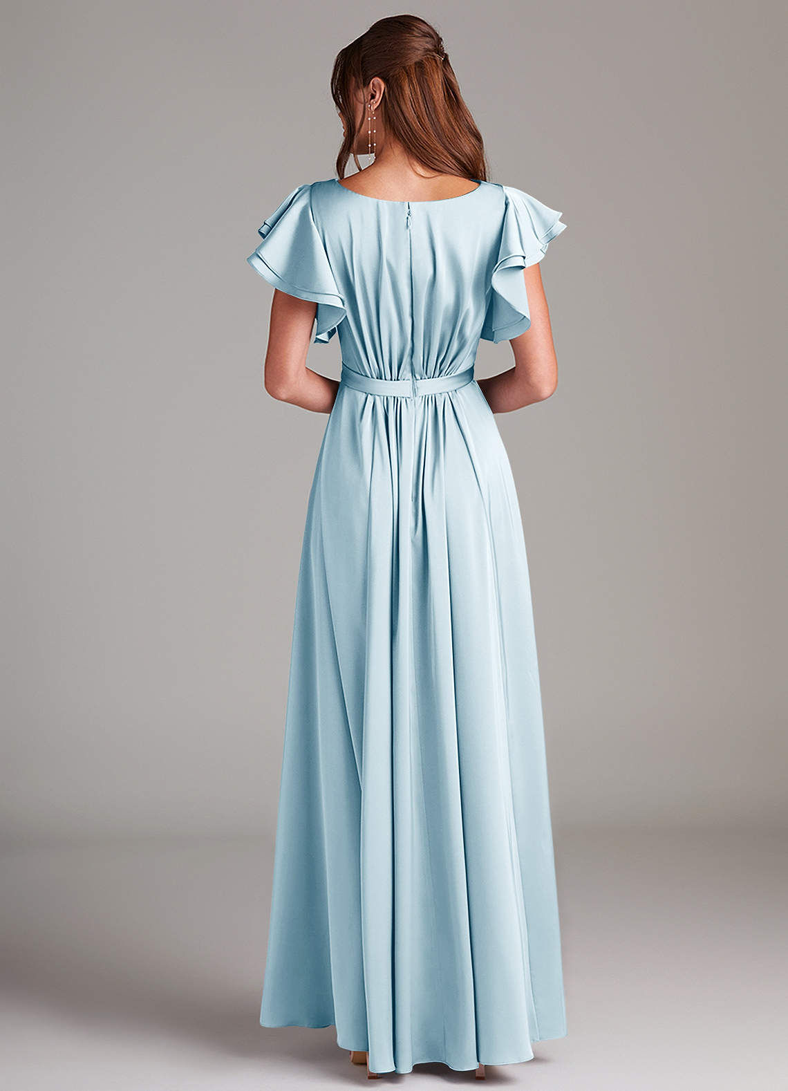 Azazie Daphne Vestidos modestos de dama de honra Vestido Linha A Ruched Comprimento do chão Cetim elástico image5