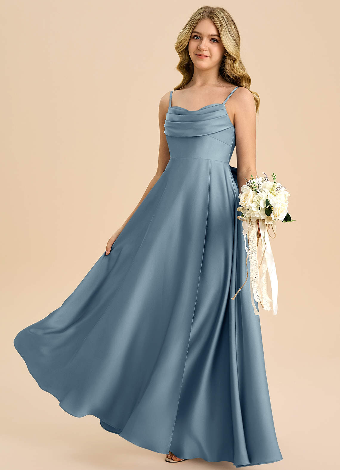 Azazie Bear Junior Dusty Blue A-Line Sweetheart Neckline Stretch Satin Dress image4