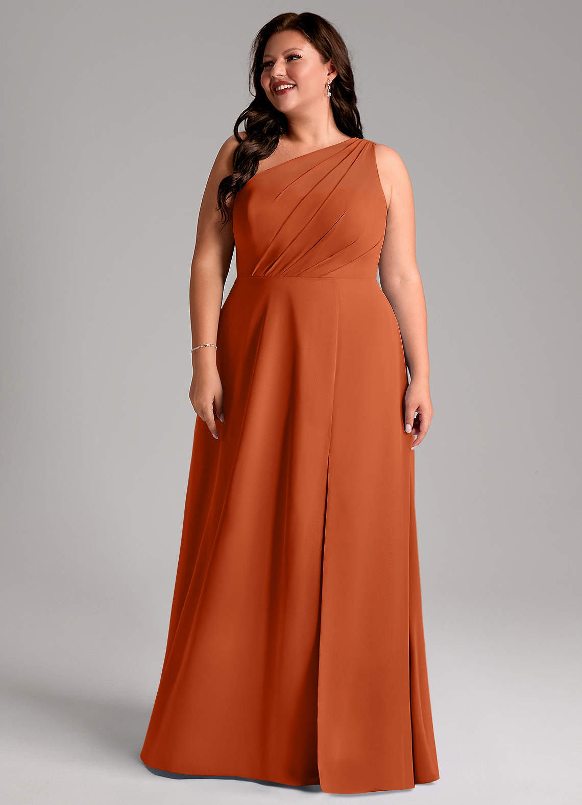 Azazie Phaedra Jurken voor bruidsmeisjes Jurk van Chiffon met A-lijn One-shoulder Verbrande Sinaasappel image1