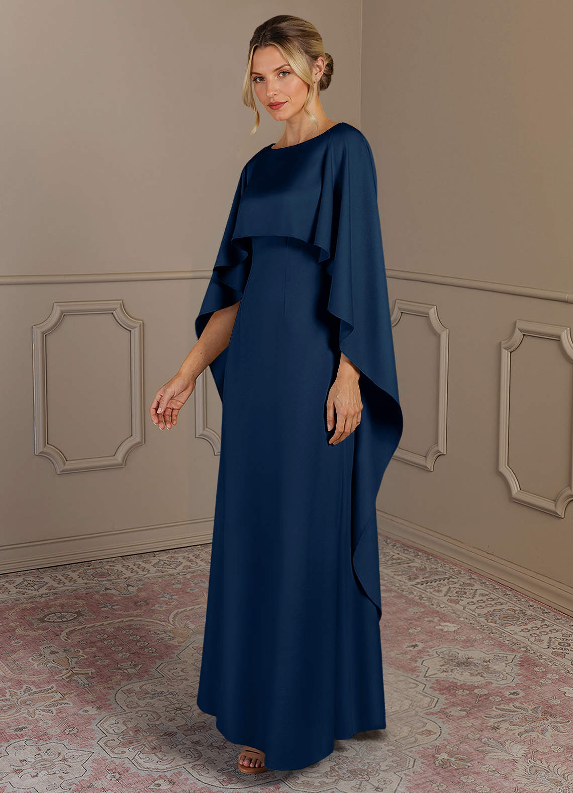 Azazie Eli Mother of the Bride Dresses Dark Navy Sheath Boatneck Stretch Satin Dress image2