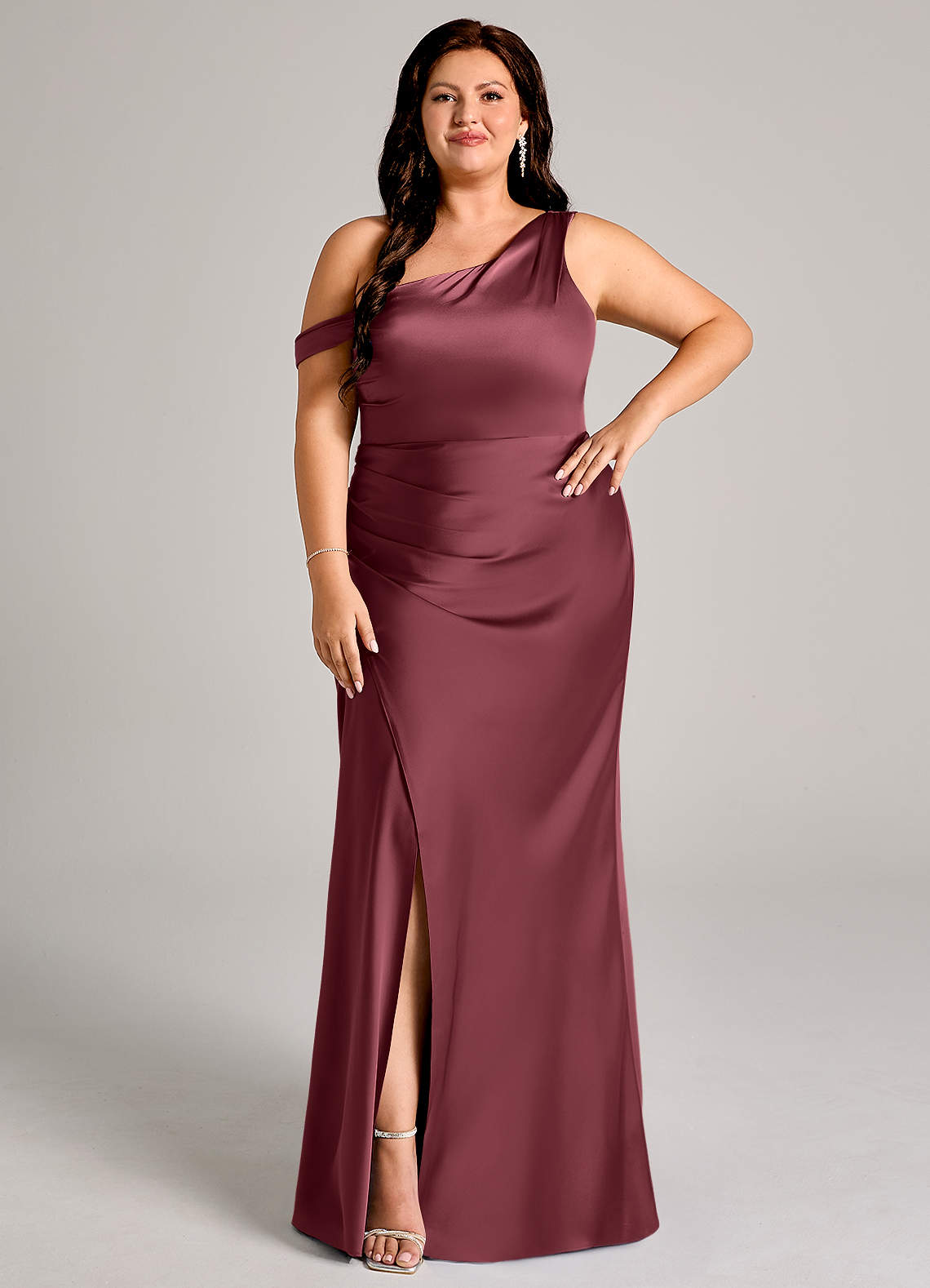 Azazie Madelyn Bridesmaid Dresses Merlot Mermaid One Shoulder Stretch Satin Convertible Dress image1