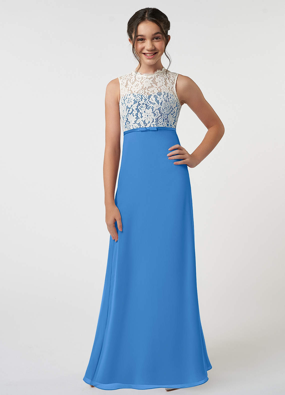 Azazie Rana Junior Blue Jay A-Line Lace Chiffon Dress image1