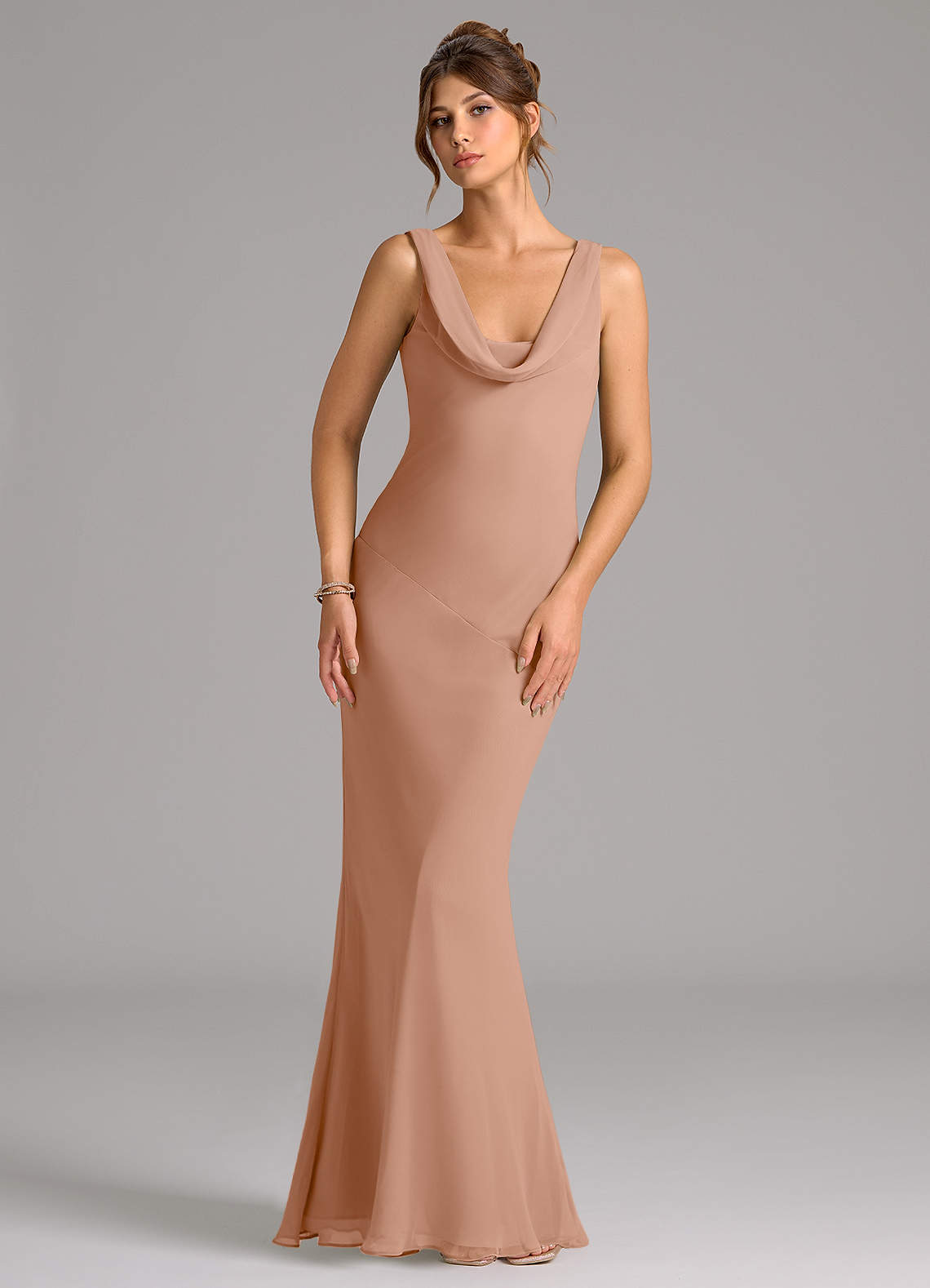 Azazie Rylina Bridesmaid Dresses Champagne Rose Mermaid Pleated Chiffon Dress image1