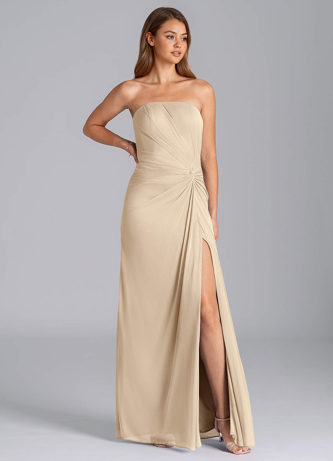 Azazie Mariya Bridesmaid Dresses Champagne Mermaid Strapless Mesh Dress image1