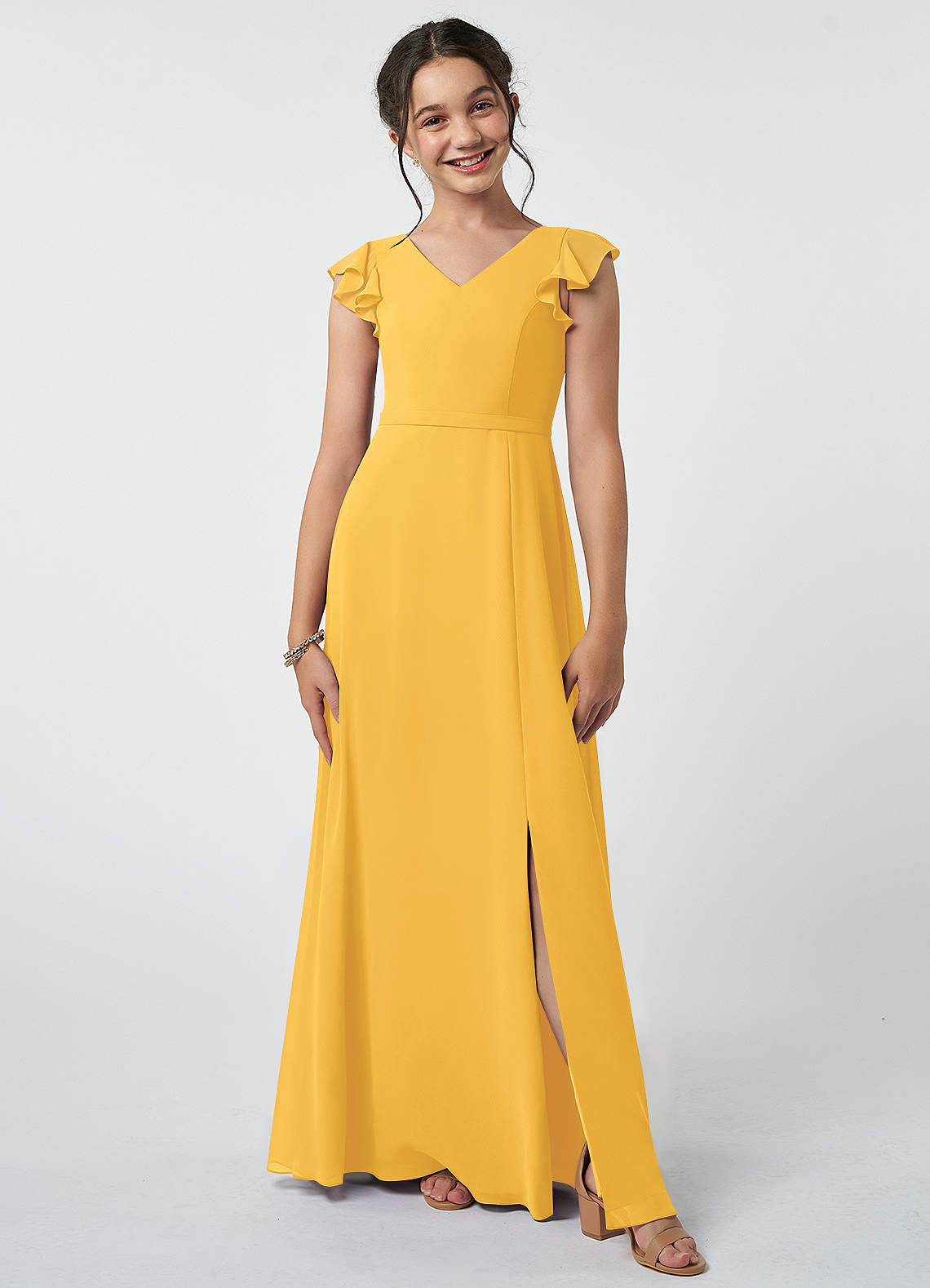 Azazie Claudine Junior Marigold A-Line Pleated Chiffon Dress image1