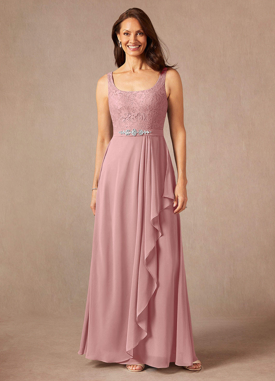 Azazie Ainsling Mother of the Bride Dresses Dusty Rose A-Line Square Neckline Lace Chiffon Dress image2