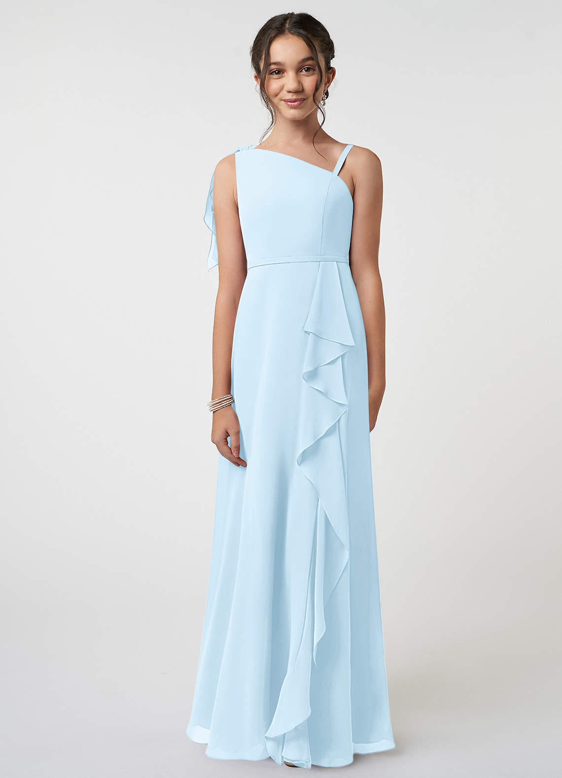 Azazie Aidy Junior Abito A-Line in Chiffon Fiocco Azzurro image1