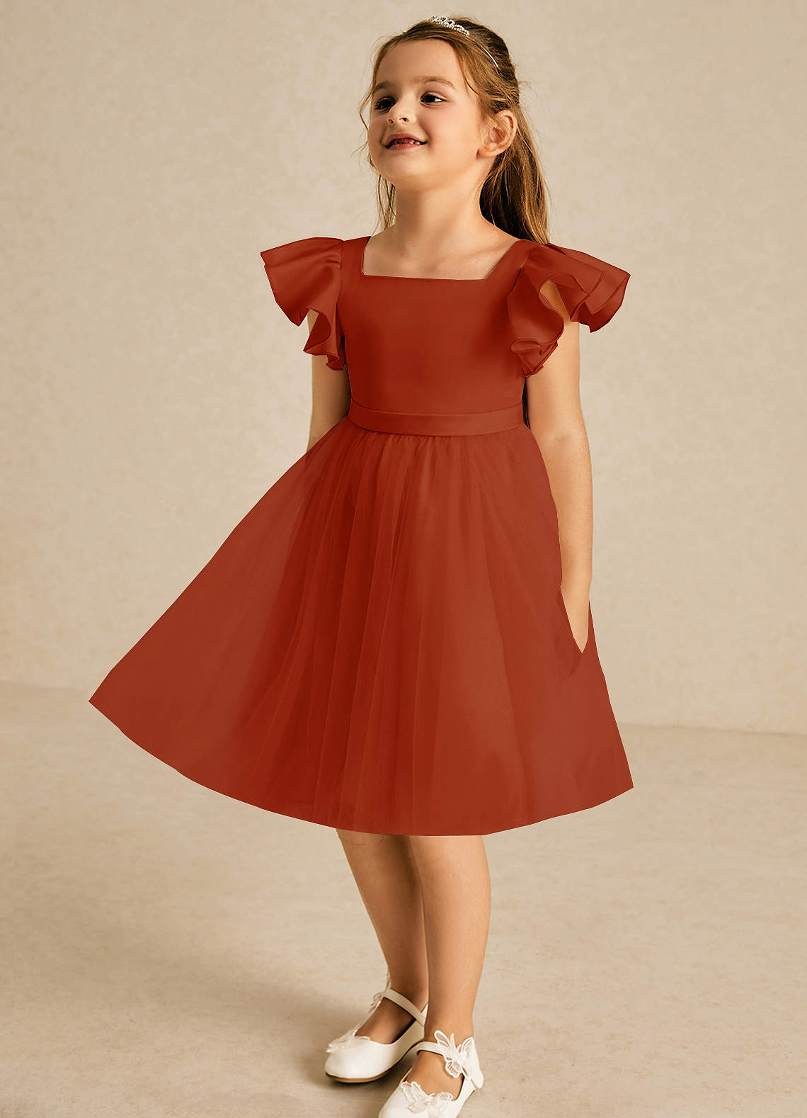 Azazie Kaeya Flower Girl Dresses Paprika A-Line Bow Tulle Dress image3