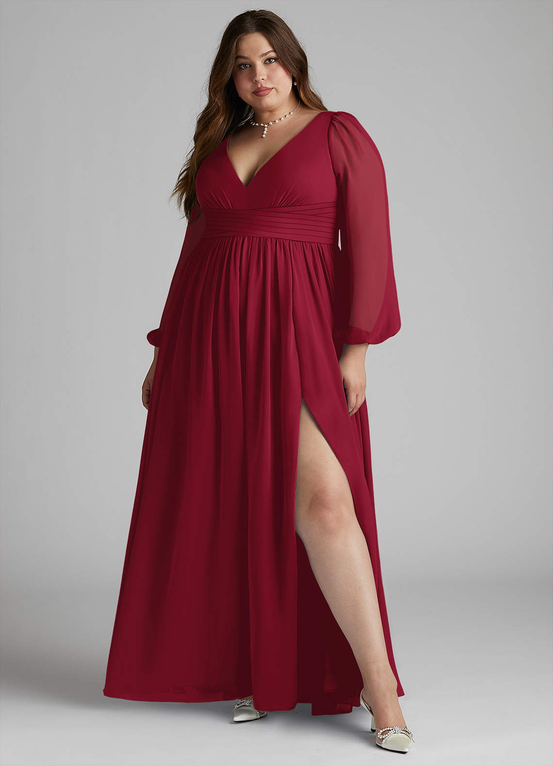 Azazie Norah Bridesmaid Dresses Burgundy A-Line V-Neck Long Sleeve Chiffon Dress image5