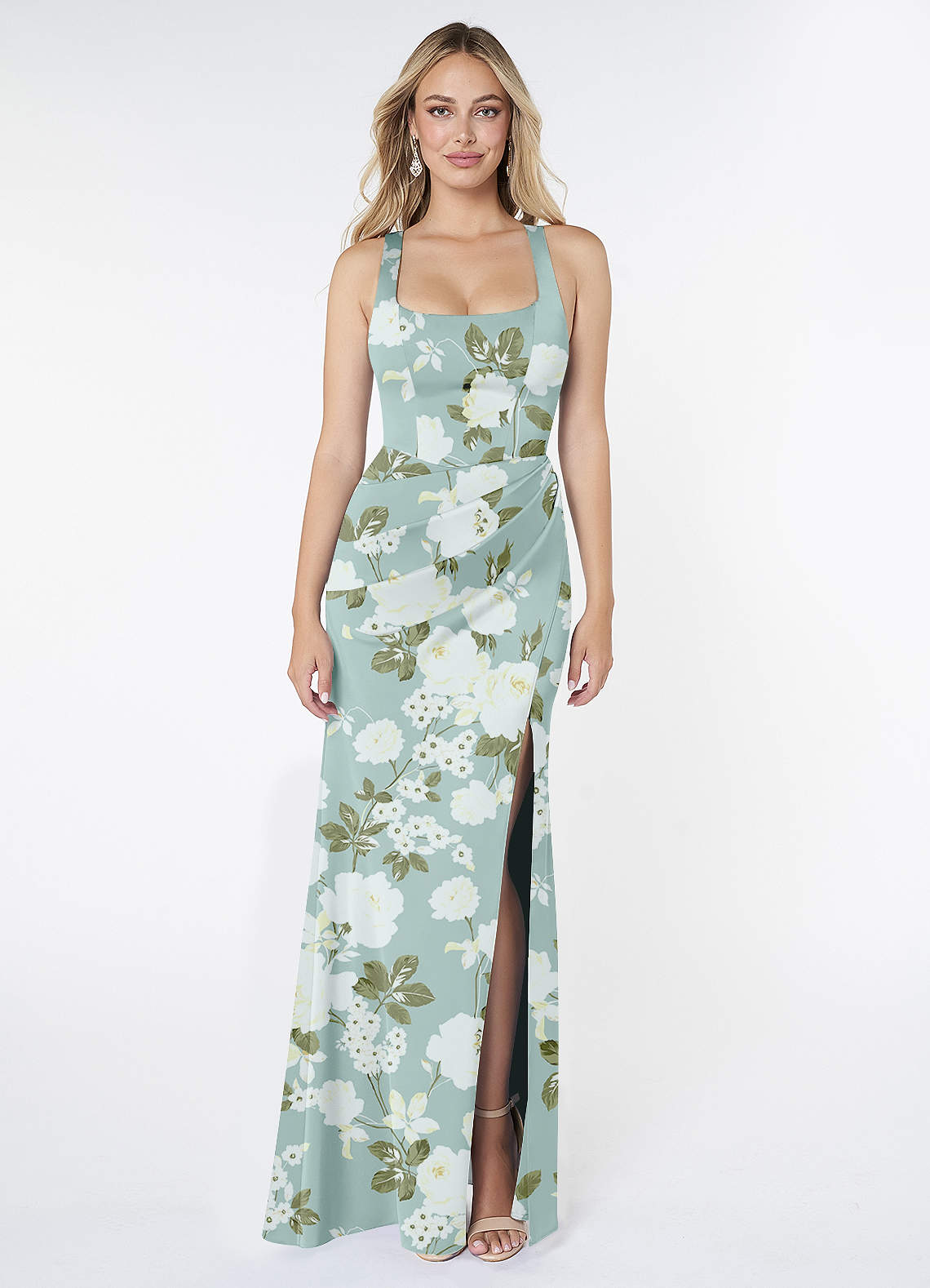 Azazie Mero Bridesmaid Dresses Misty Floral Garden Mermaid Pleated Stretch Satin Dress image1