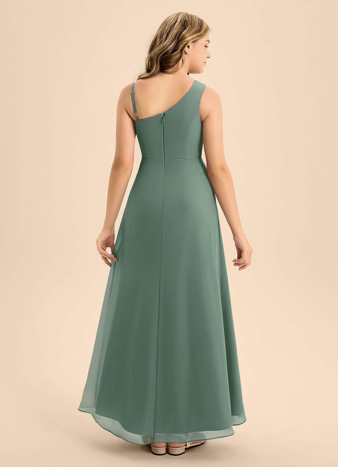Azazie Brooke Junior Eucalyptus A-Line Side Slit Chiffon Dress image1