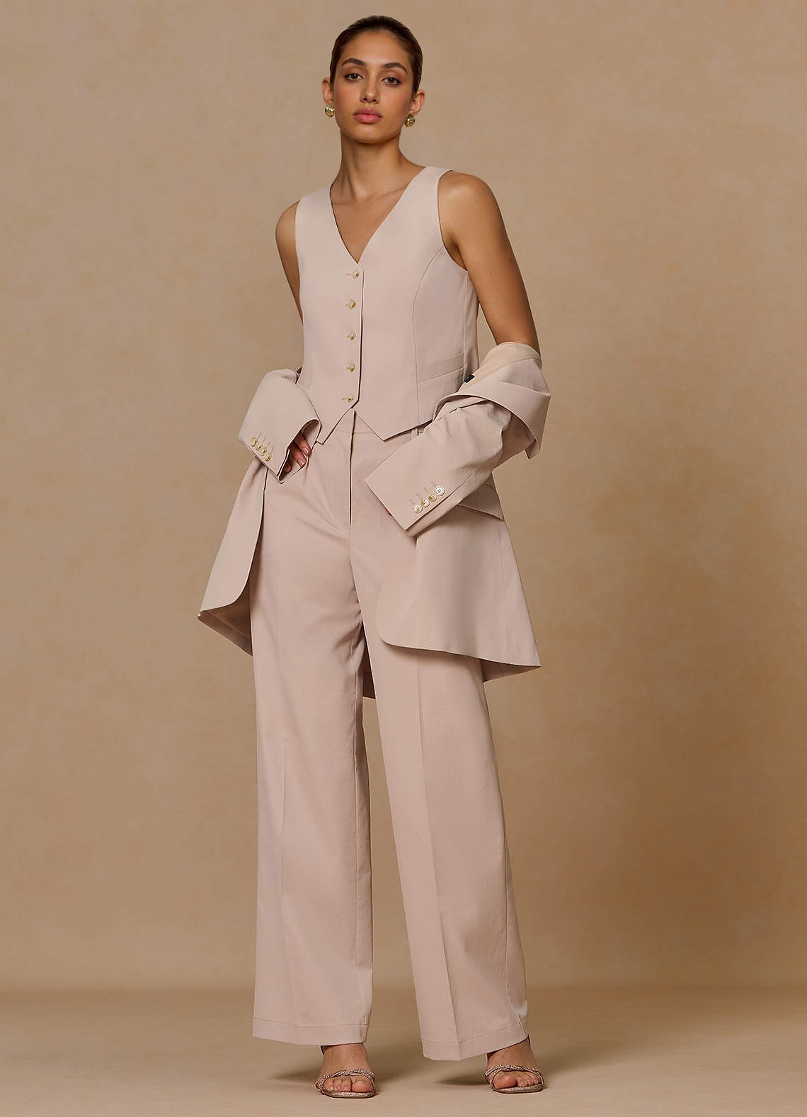 front Margaret Tan Cotton Linen Blend 2-Piece Suit