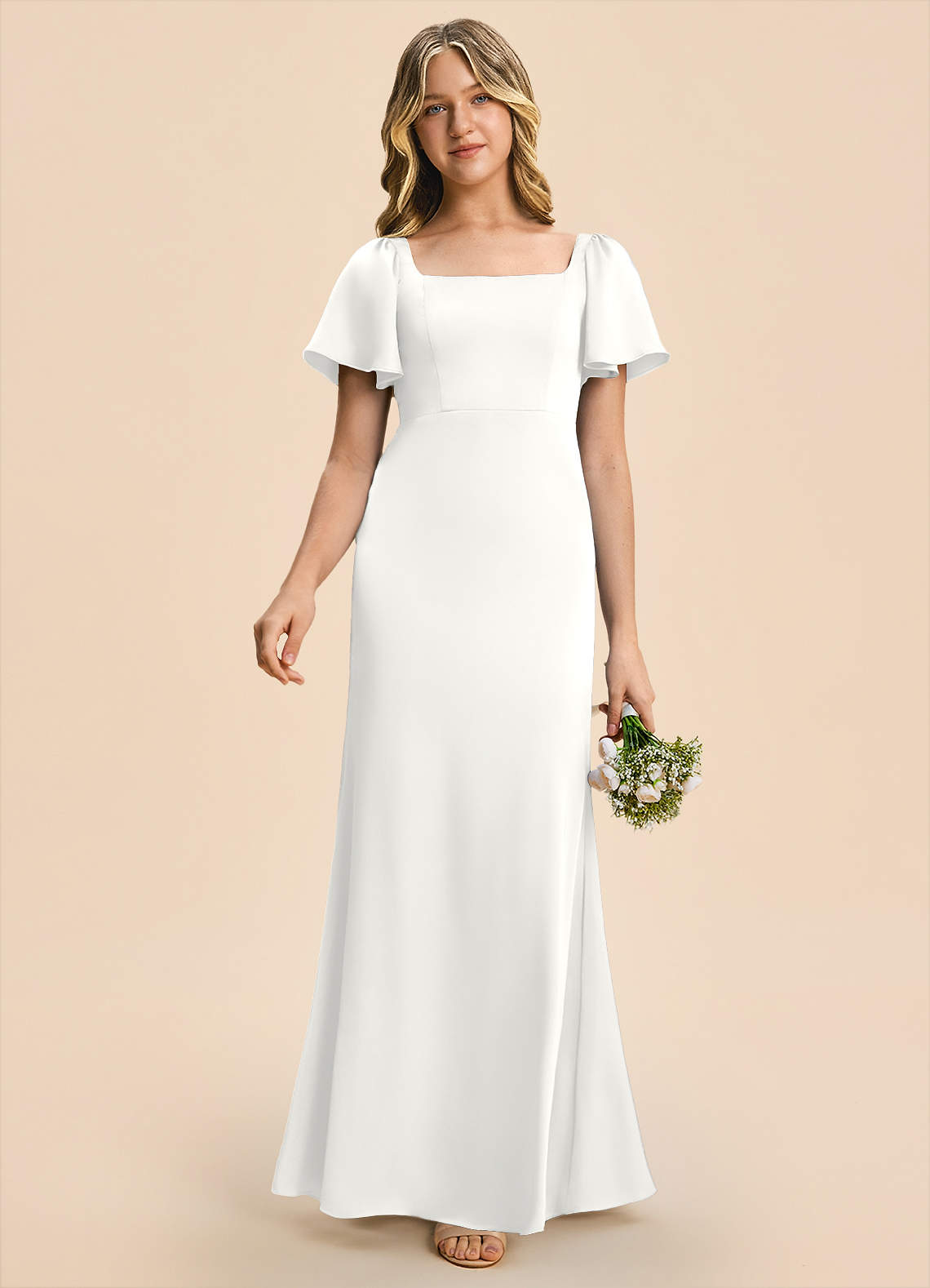 white junior bridesmaid dresses Azazie Chace Tea length