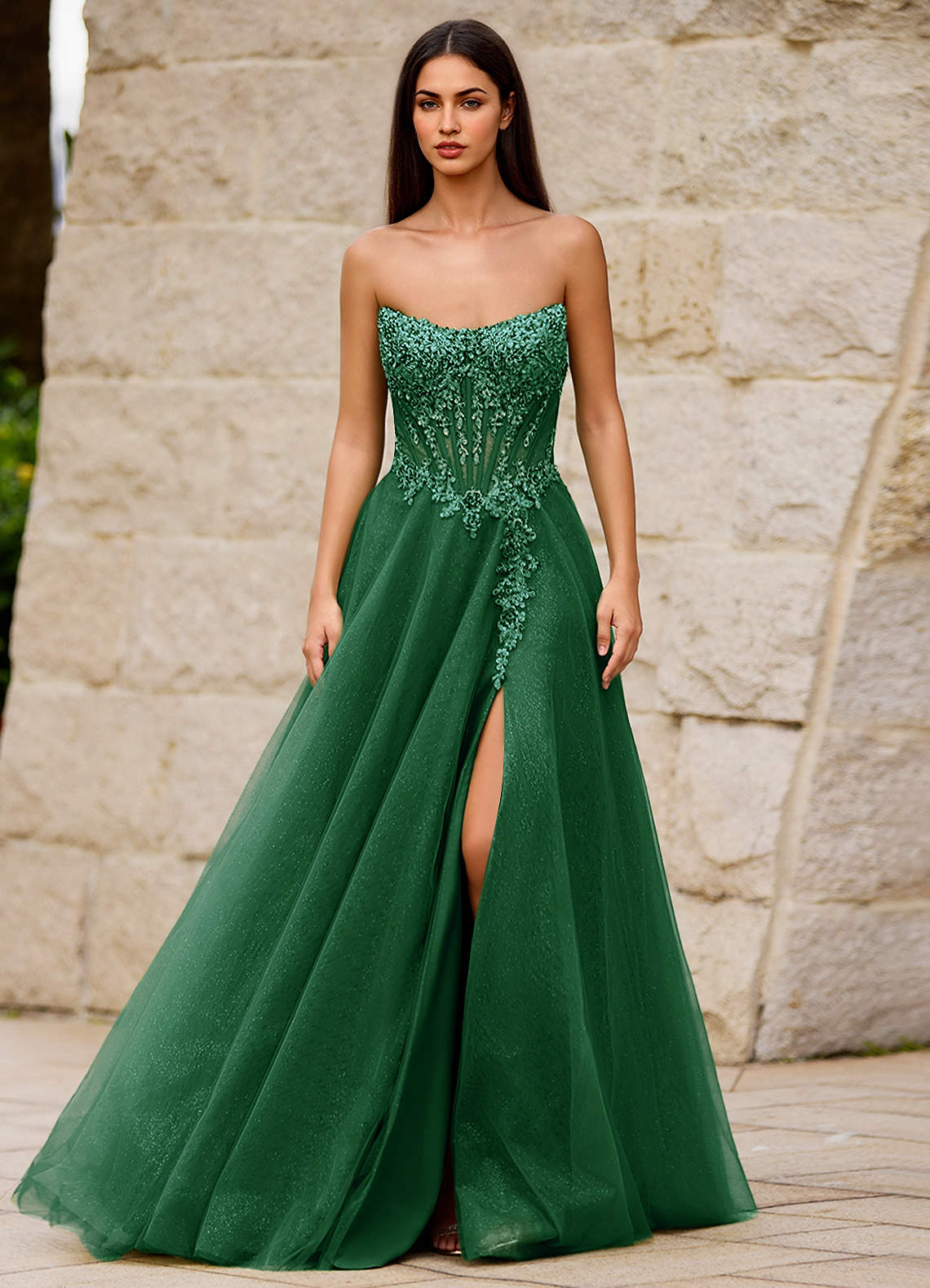 dark green sparkly prom dress Azazie A-Line Floor-Length Quinceañera Dresses Corset Sequins Lace Lace Up Leg Slit Appliqued Tulle Lace V Neck making this dress a x-mappingIndex:58502 modest green prom dress Package:Short large chain only – $96 SKIMS | Dresses |