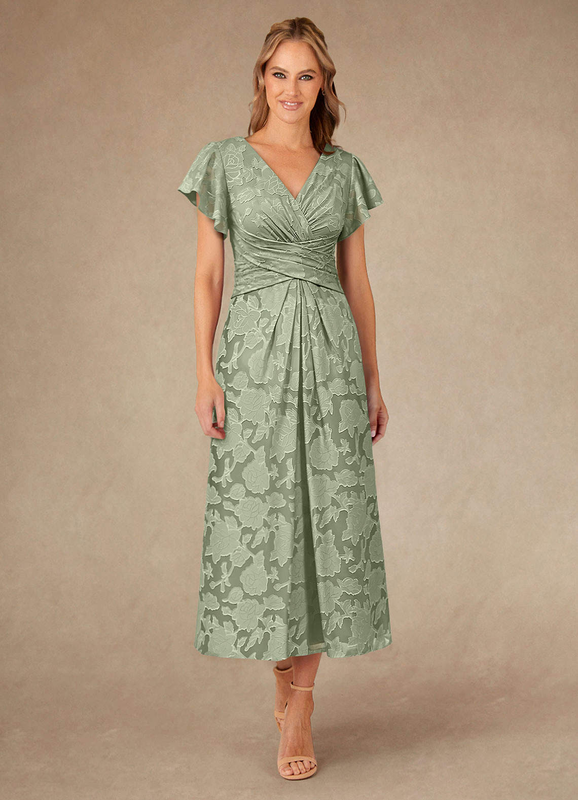 Azazie Vera Mother of the Bride Dresses Agave A-Line Pleated Floral Burnout Dress image1