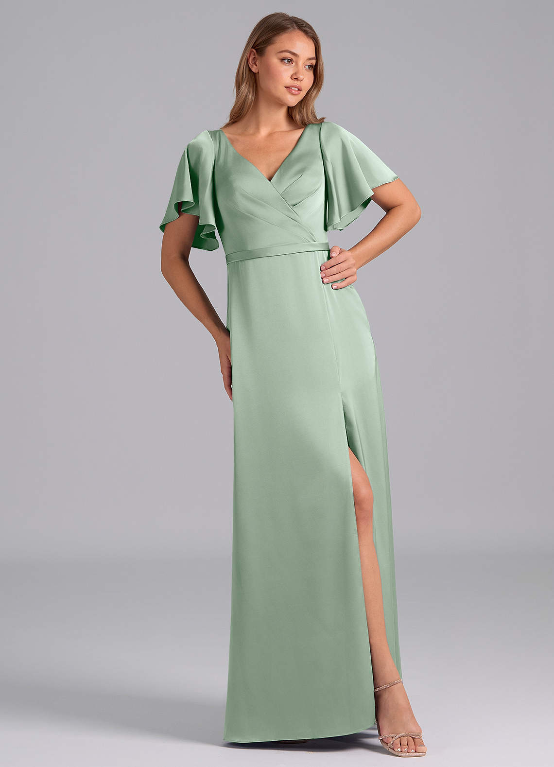 Azazie Ambrosia Vestidos de madrinha de casamento Vestido Agave de Cetim elástico de Linha A com Plissado image3