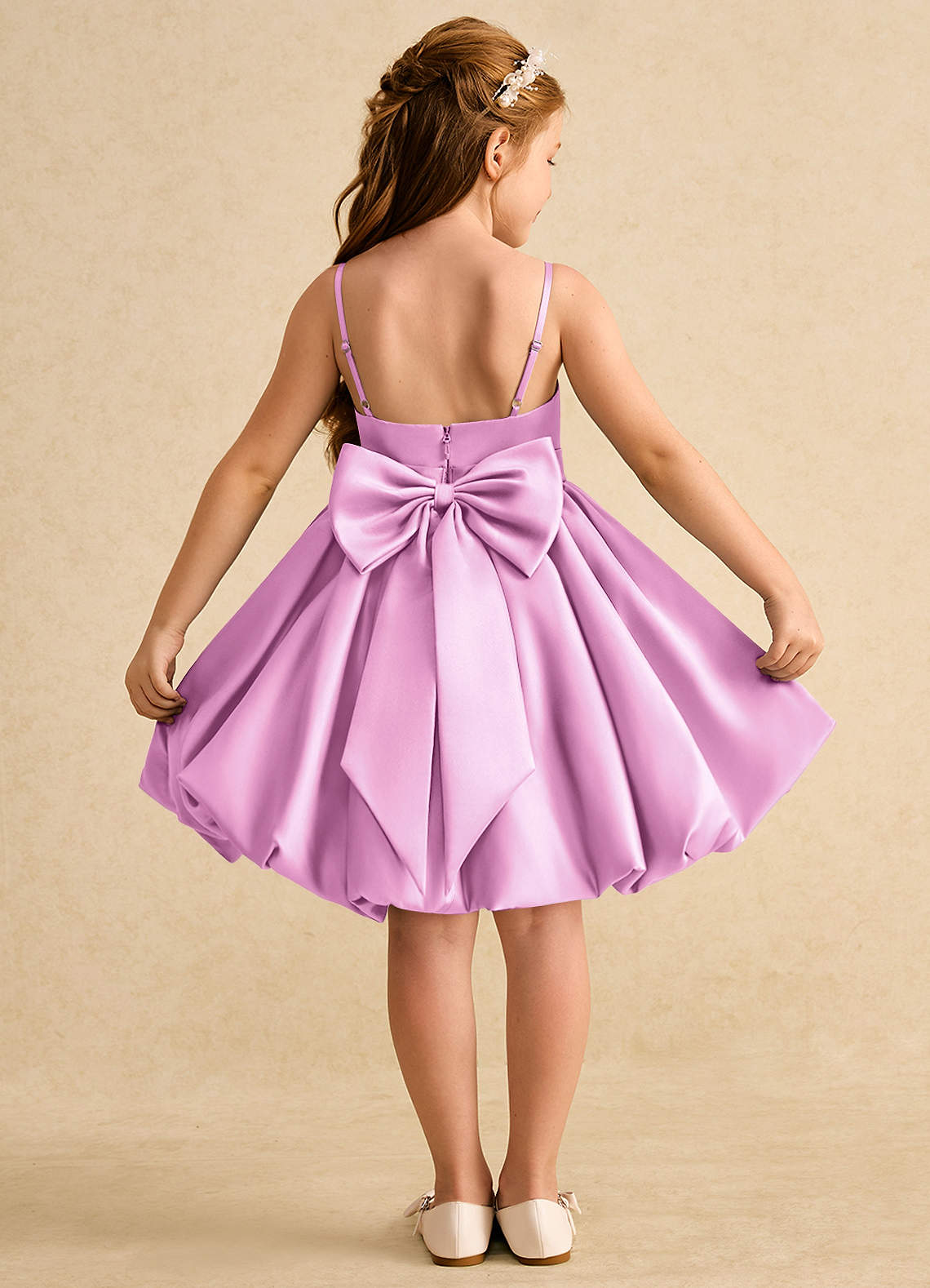 Azazie Davine vestidos de niña de las flores Vestido de Rosa Caramelo de Satin Mate de Corte En A con Tirante Espagueti image1