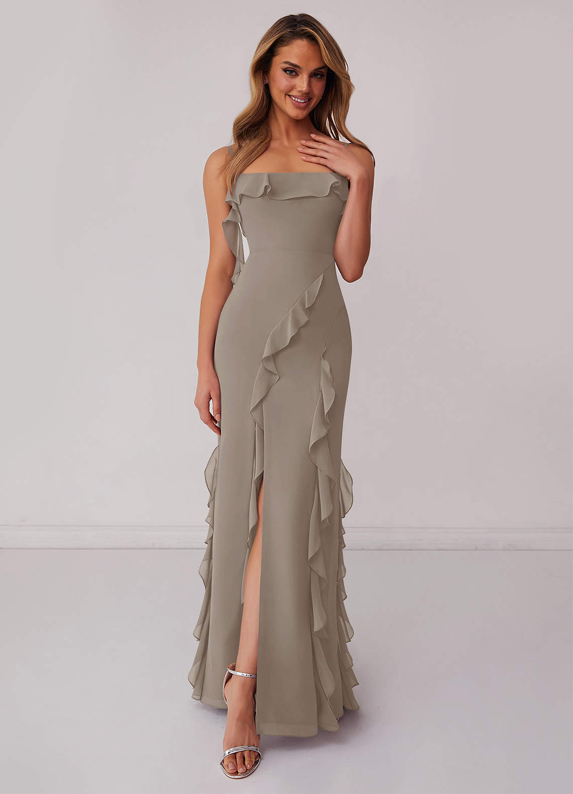 Barbie ♥ Azazie Bridesmaid Dresses Taupe Sheath Bow Chiffon Dress image1
