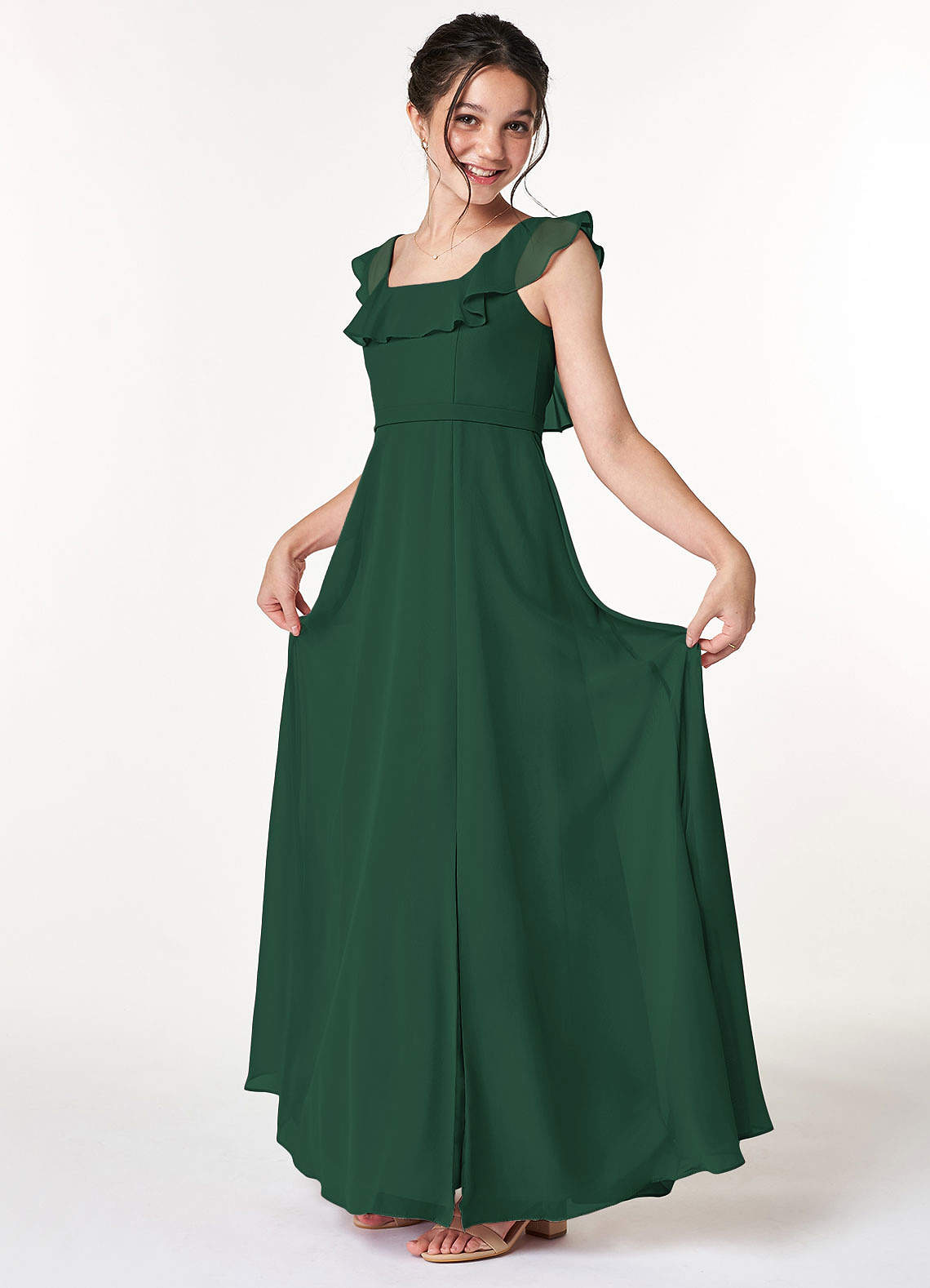 Azazie Jinny Junior A-Linie Gestreift Chiffon Kleid Dunkelgrün image1