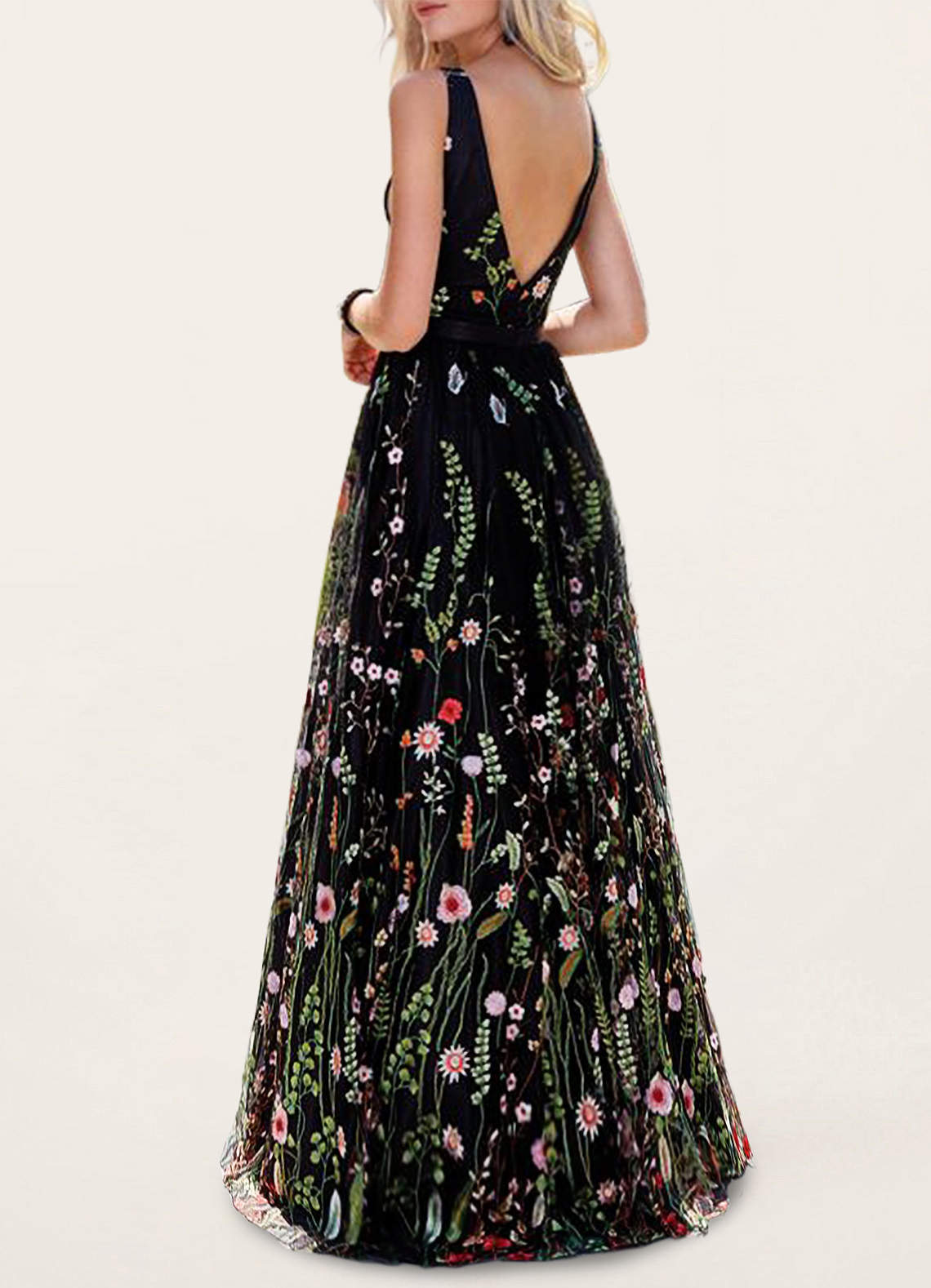black embroidered formal dress