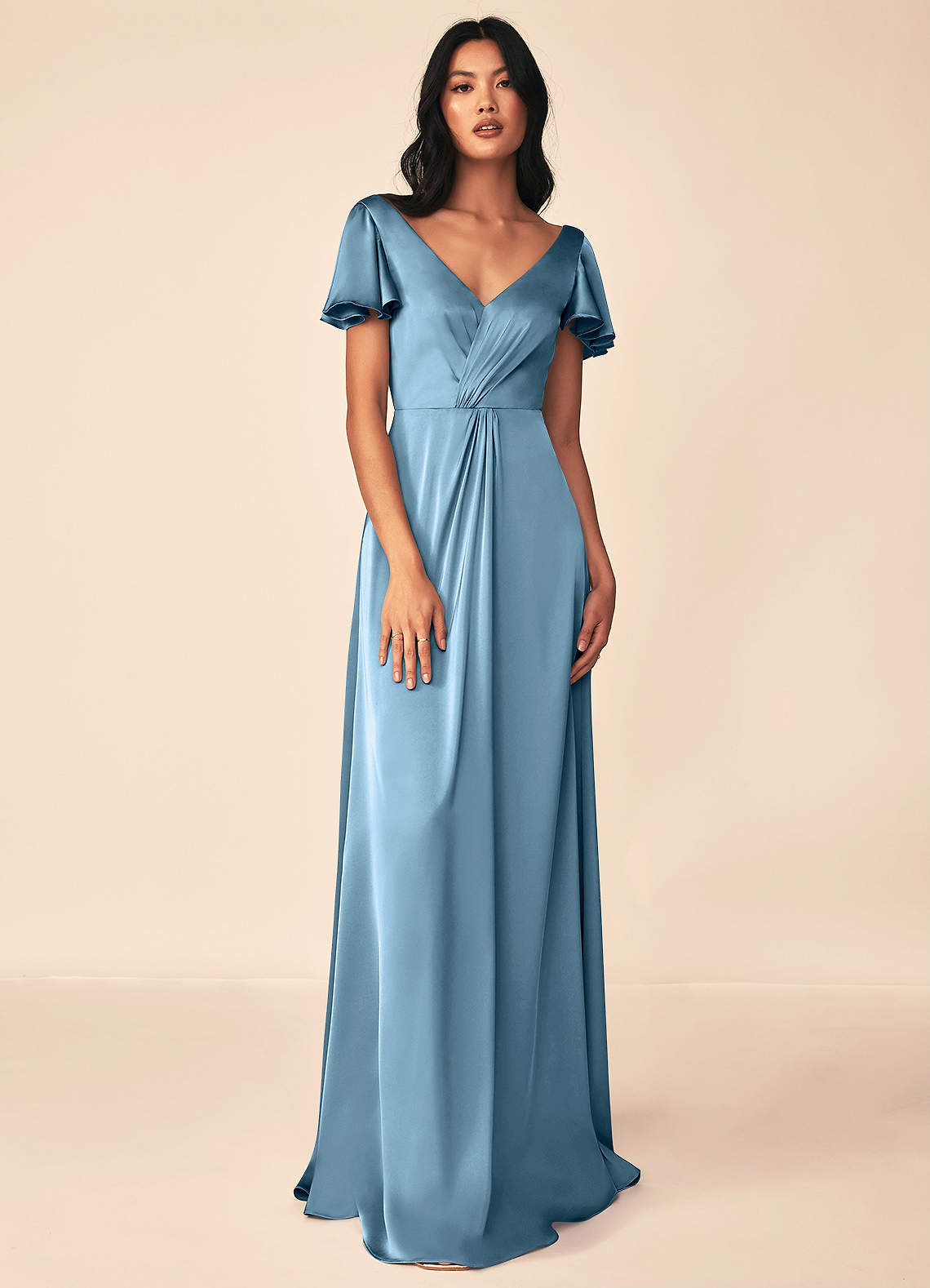 Azazie Soren Bridesmaid Dresses Steel Blue A-Line Pleated Stretch Satin Dress image1
