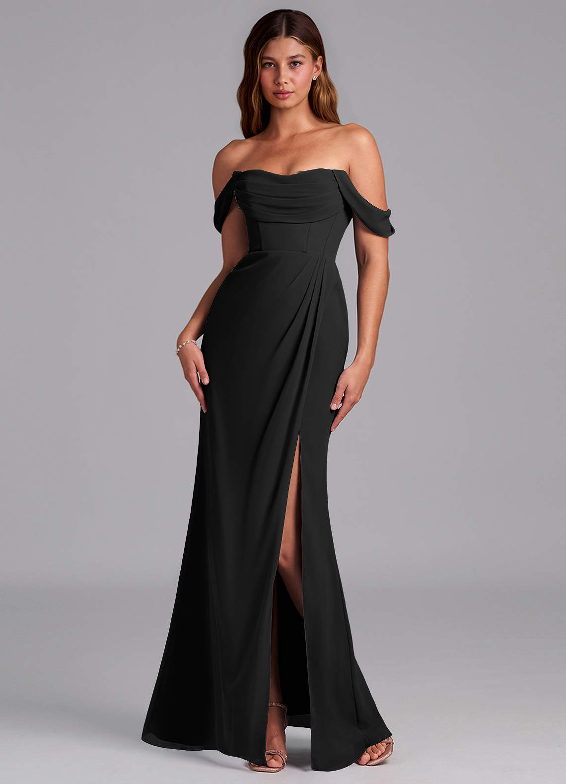 Azazie Johana Bridesmaid Dresses Black Mermaid Off the Shoulder Chiffon Convertible Dress image6
