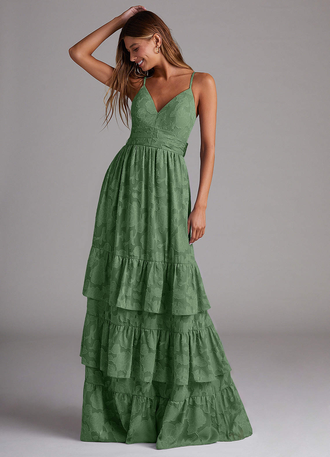 Azazie Nathalia Robes de demoiselle d'honneur Robe Trapèze en Blumen-Burnout Arc Eucalyptus image1