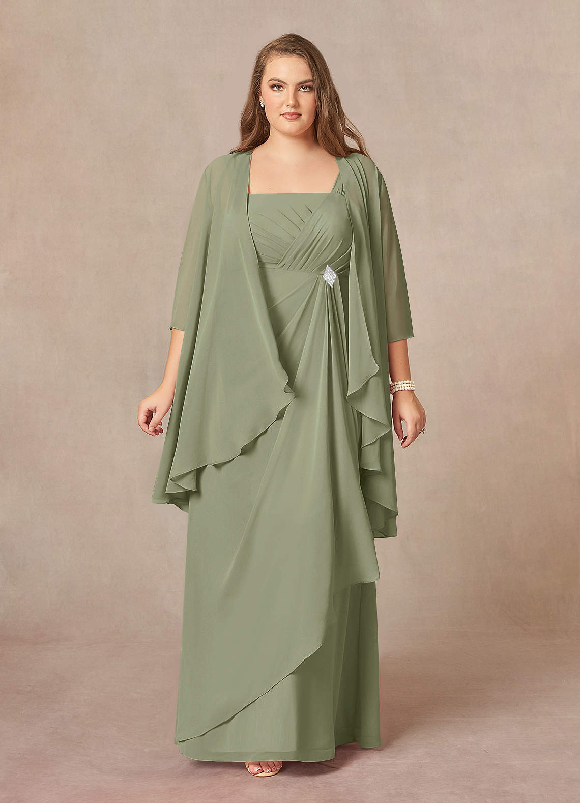 Azazie Weisz Final Sale Agave A-Line Square Neckline Pleated Chiffon Dress image1