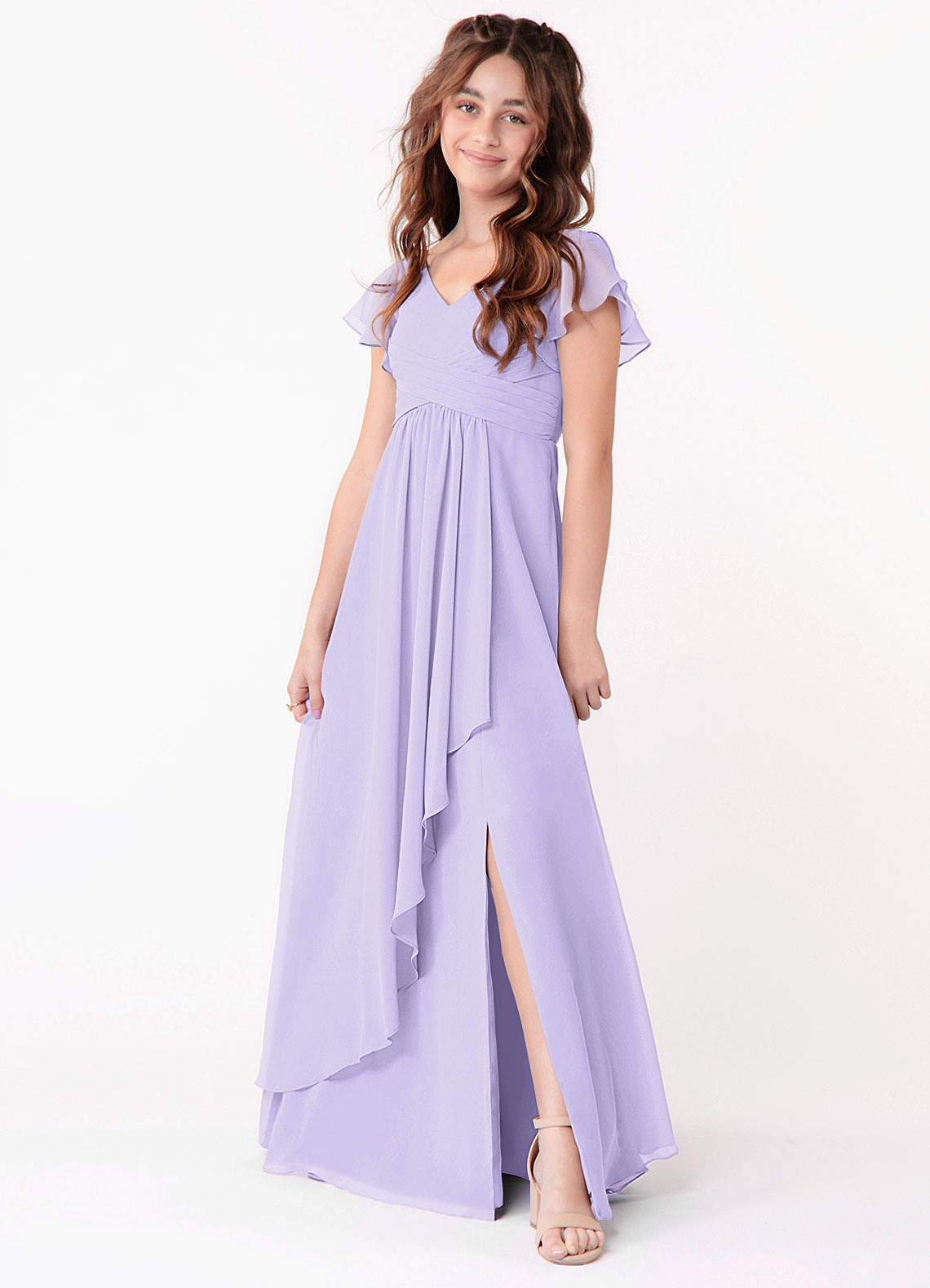 Azazie Omari Junior Lilac A-Line Ruched Chiffon Dress image1