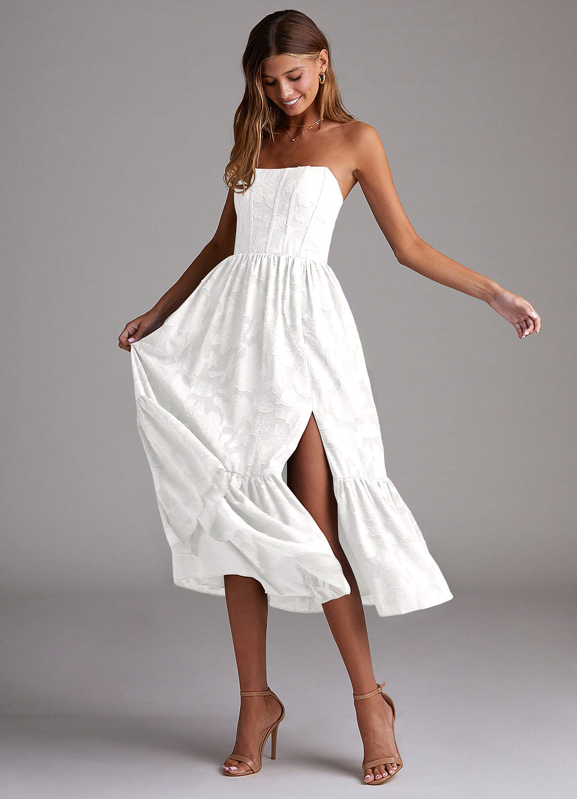 Azazie Delphina Bridesmaid Dresses White A-Line Strapless Floral Burnout Convertible Dress image2