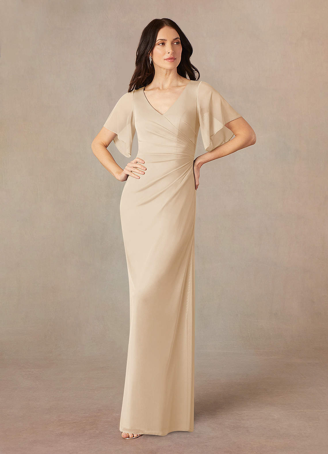 Azazie Selah Abiti per la Madre della Sposa Abito A-Line in Maglia Increspato con Scollo a V Champagne image1
