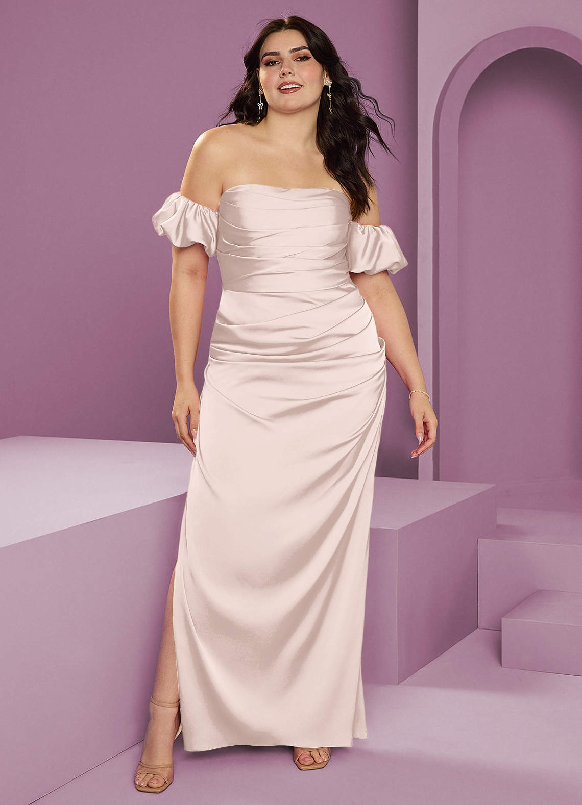 Barbie ♥ Azazie Bridesmaid Dresses Blushing Pink Sheath Off the Shoulder Stretch Satin Convertible Dress image1