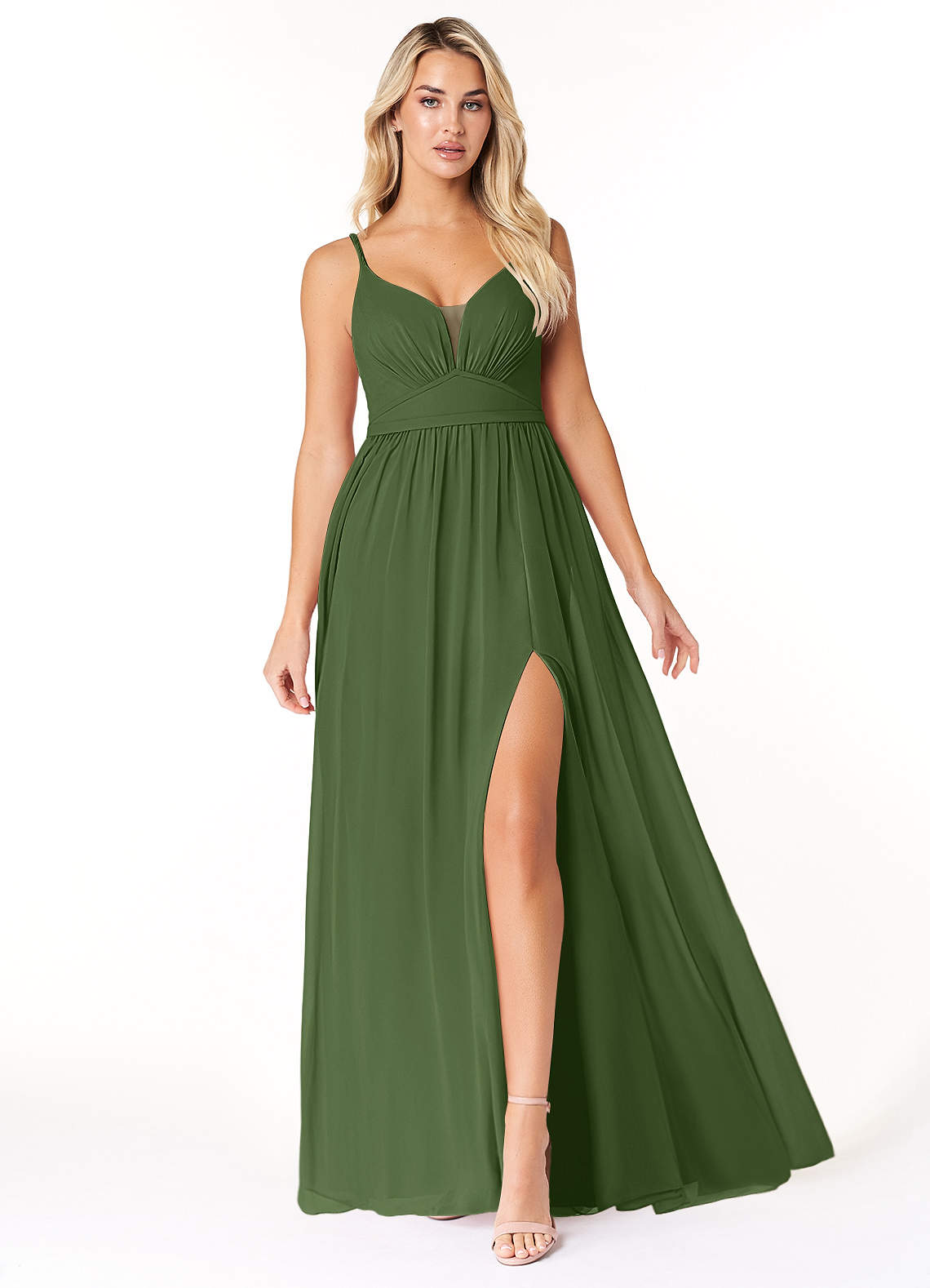 Azazie Rayna Bridesmaid Dresses Olive A-Line V-Neck Pleated Chiffon Dress image1