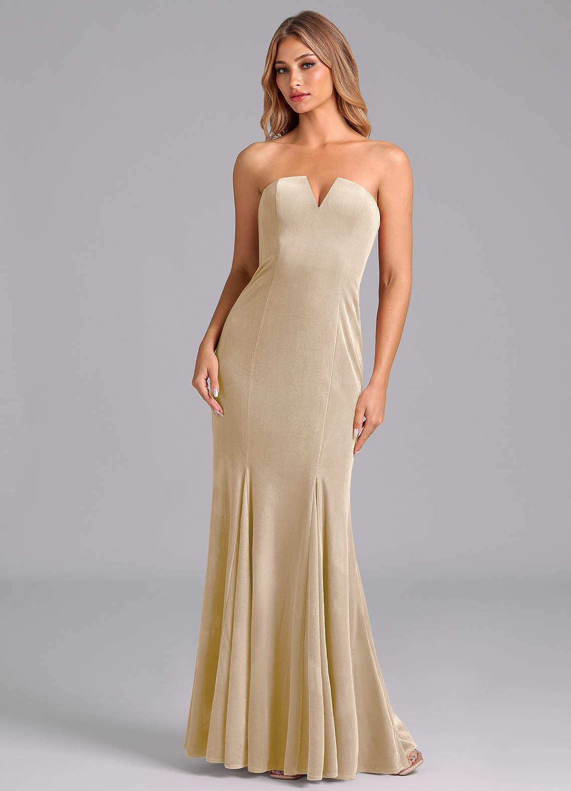 Azazie Yinnie Bridesmaid Dresses Champagne Mermaid Strapless Velvet Convertible Dress image1
