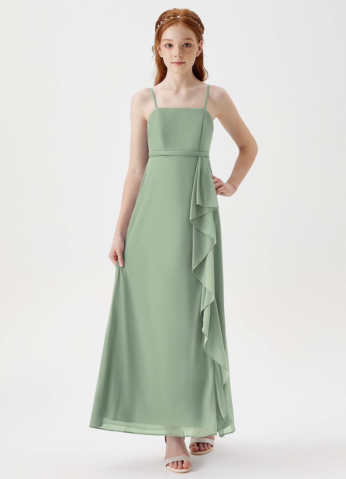 Azazie Kaylee Junior Dusty Sage A-Line with Belt Mesh Dress image1