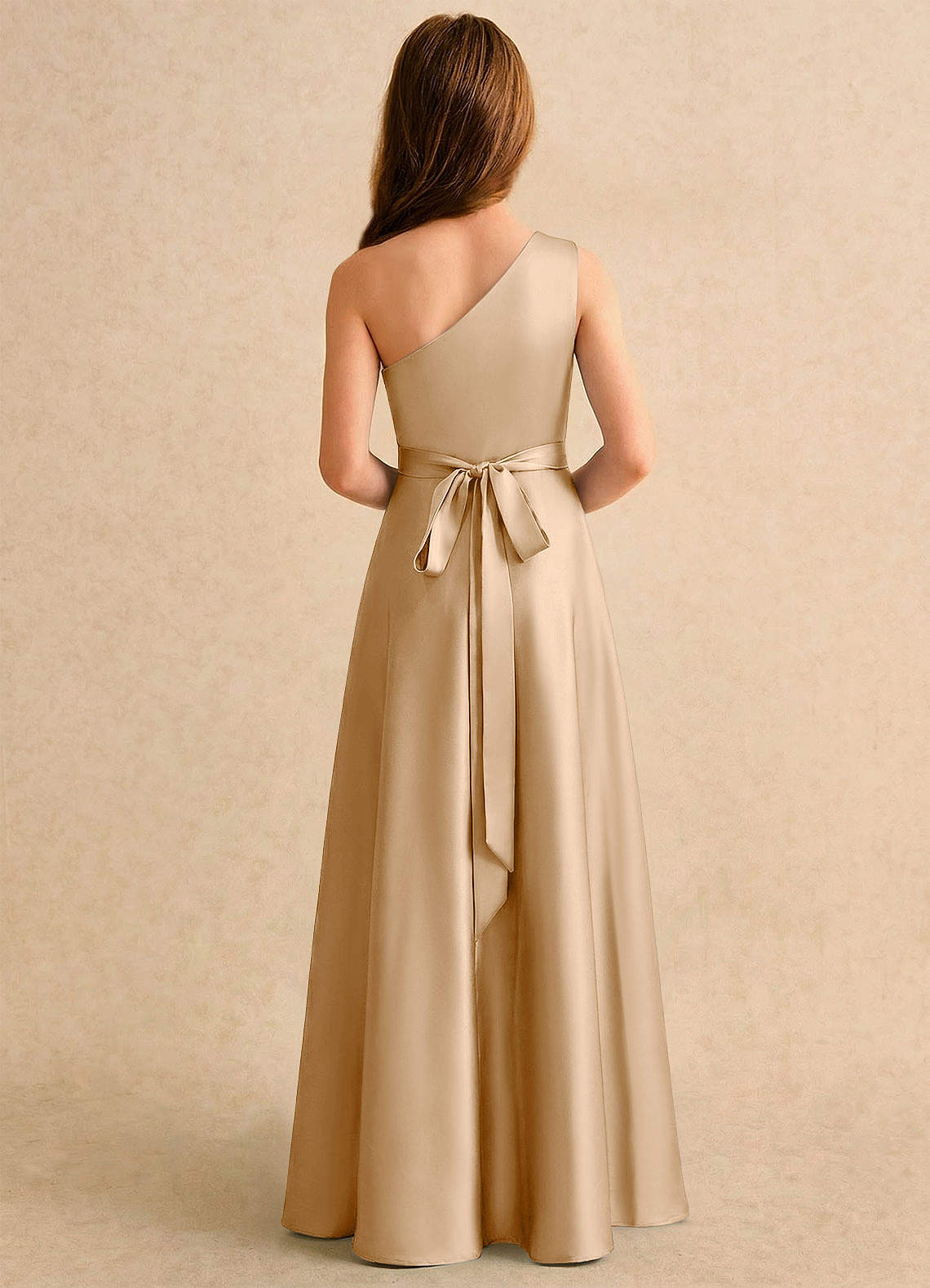 Azazie Puddles Girls Formal Robe Demoiselle D'honneur Fillette Robe Trapèze en Satin extensible Une épaule Or image1
