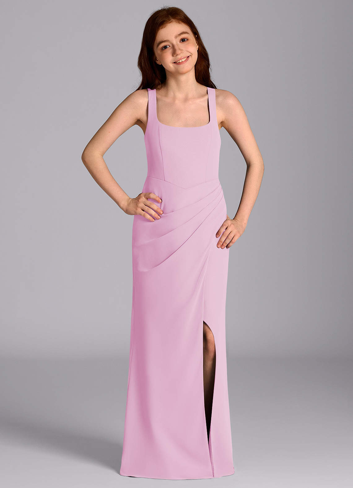 Azazie Mero Junior Vestido de Rosa Caramelo de Gasa de Corte Sirena con Plisado image1