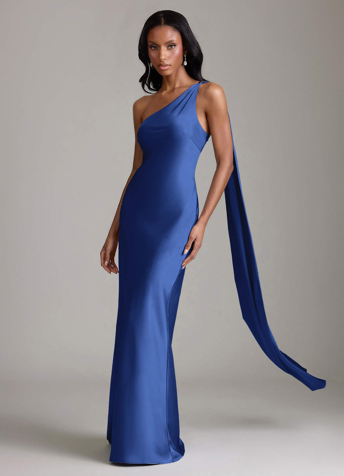 blue mermaid bridesmaid dresses Azazie Juniper Royal Blue Stretch Satin Bridesmaid Dresses