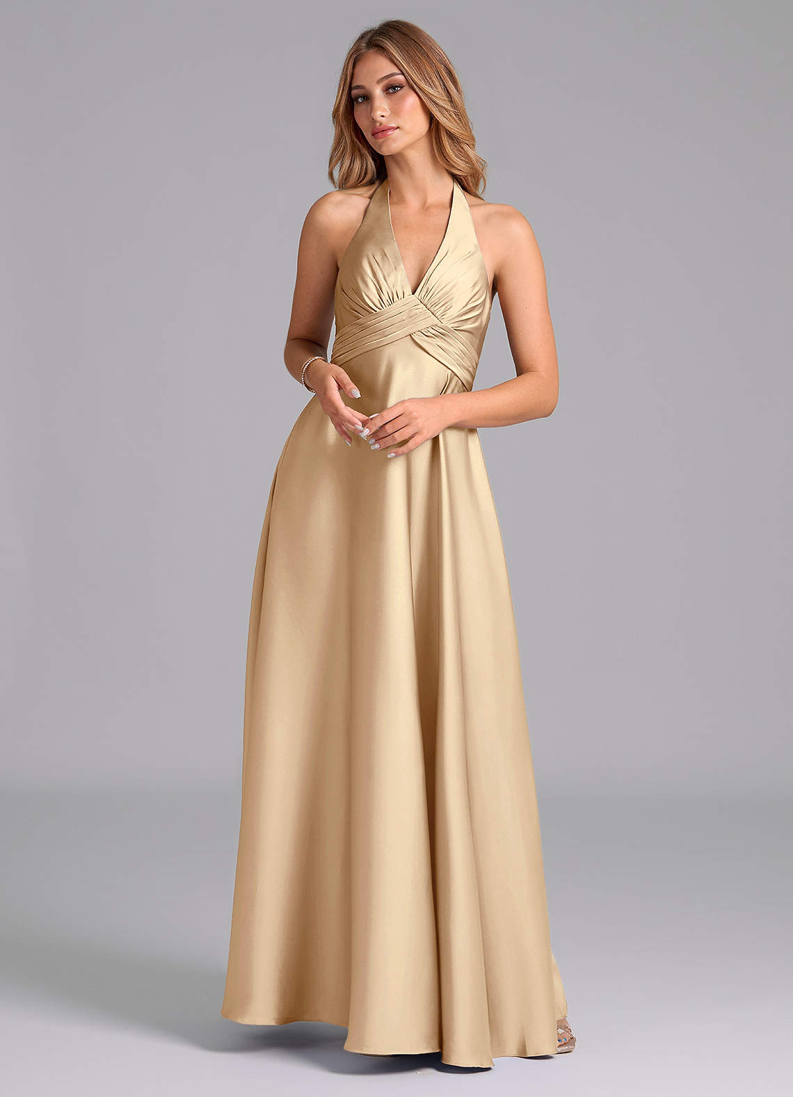 pleated evening dresses Melusine Trendy A-Line V Neck Pleated Long Satin Formal Dresses, Navy Blue main image 0