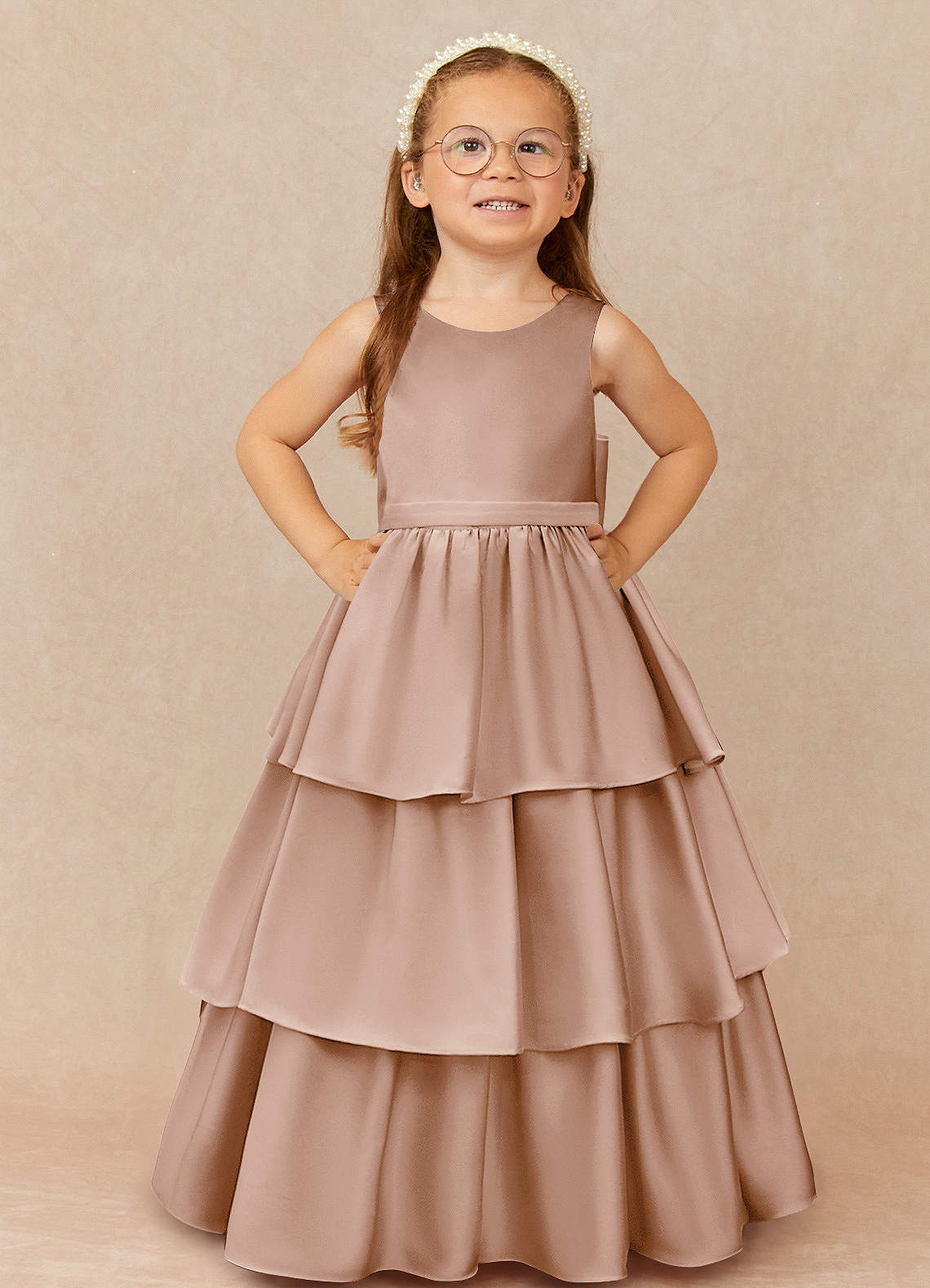 Azazie Margie Flower Girl Dresses English Rose A-Line Bow Stretch Satin Dress image1