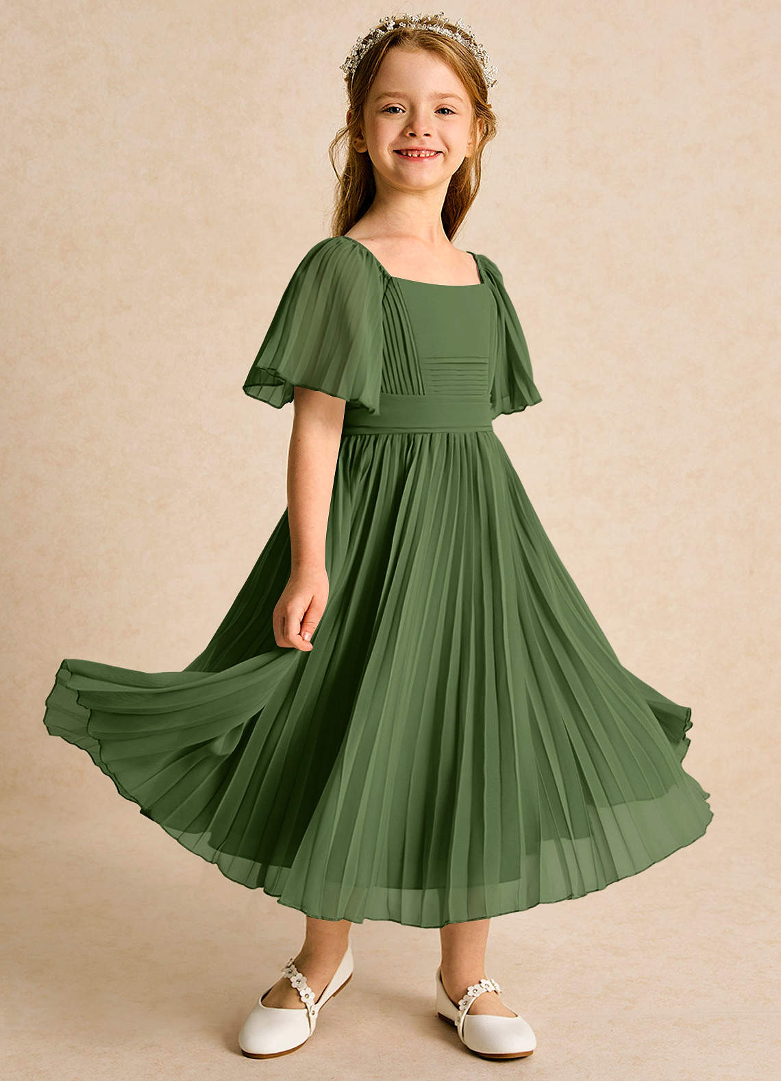 Azazie Gisele Flower Girl Dresses Olive A-Line Pleated Chiffon Dress image1