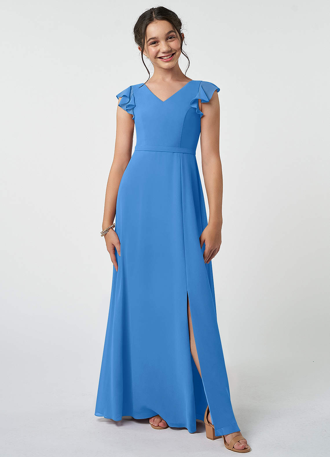 Azazie Claudine Junior Blue Jay A-Line Pleated Chiffon Dress image1