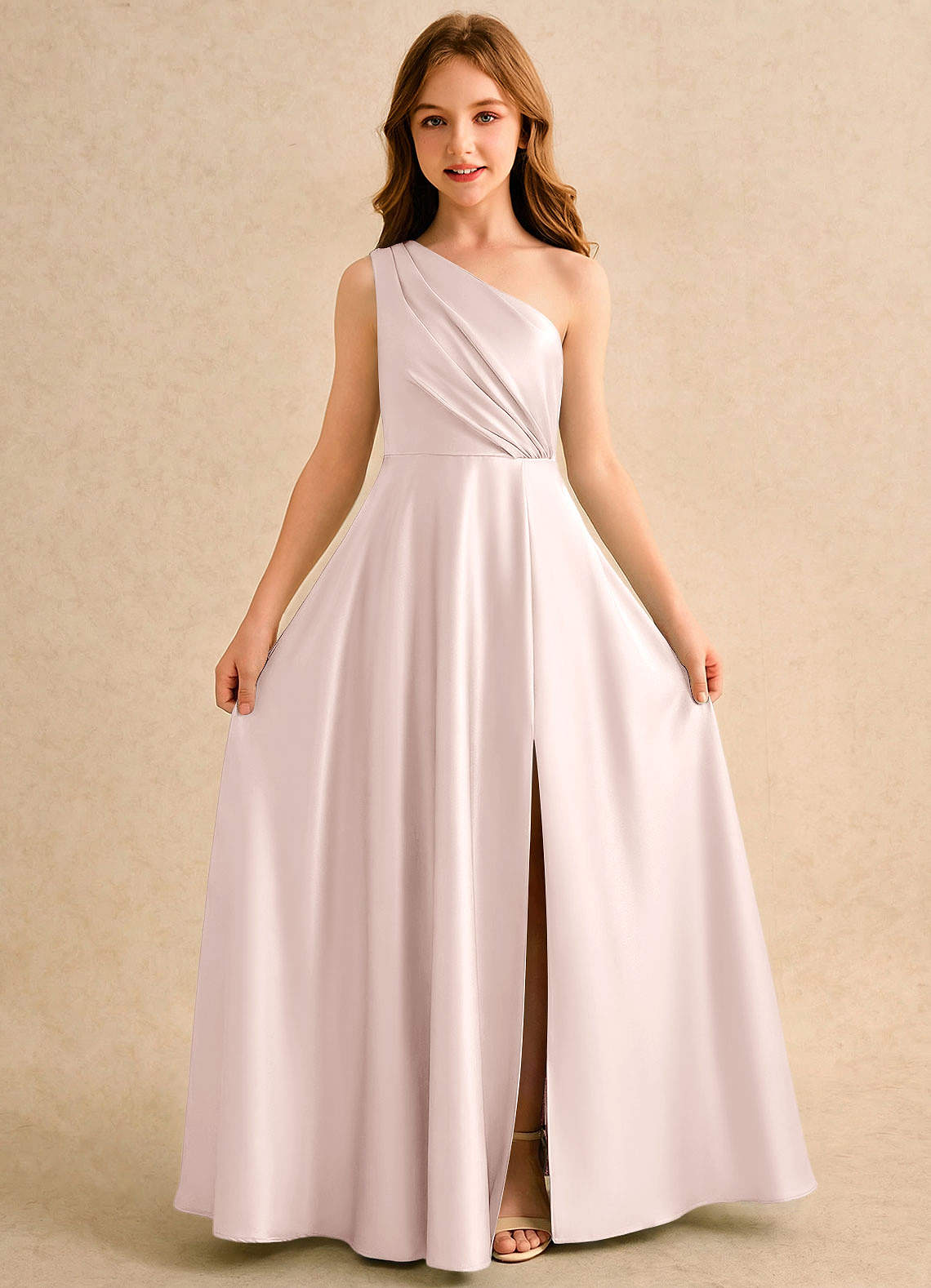 Azazie Puddles Girls Formal Sukienki dla dziewczynek sypiących kwiaty Linia A Jedno ramię Satyna elastyczna Długość podłogi Sukienka image4
